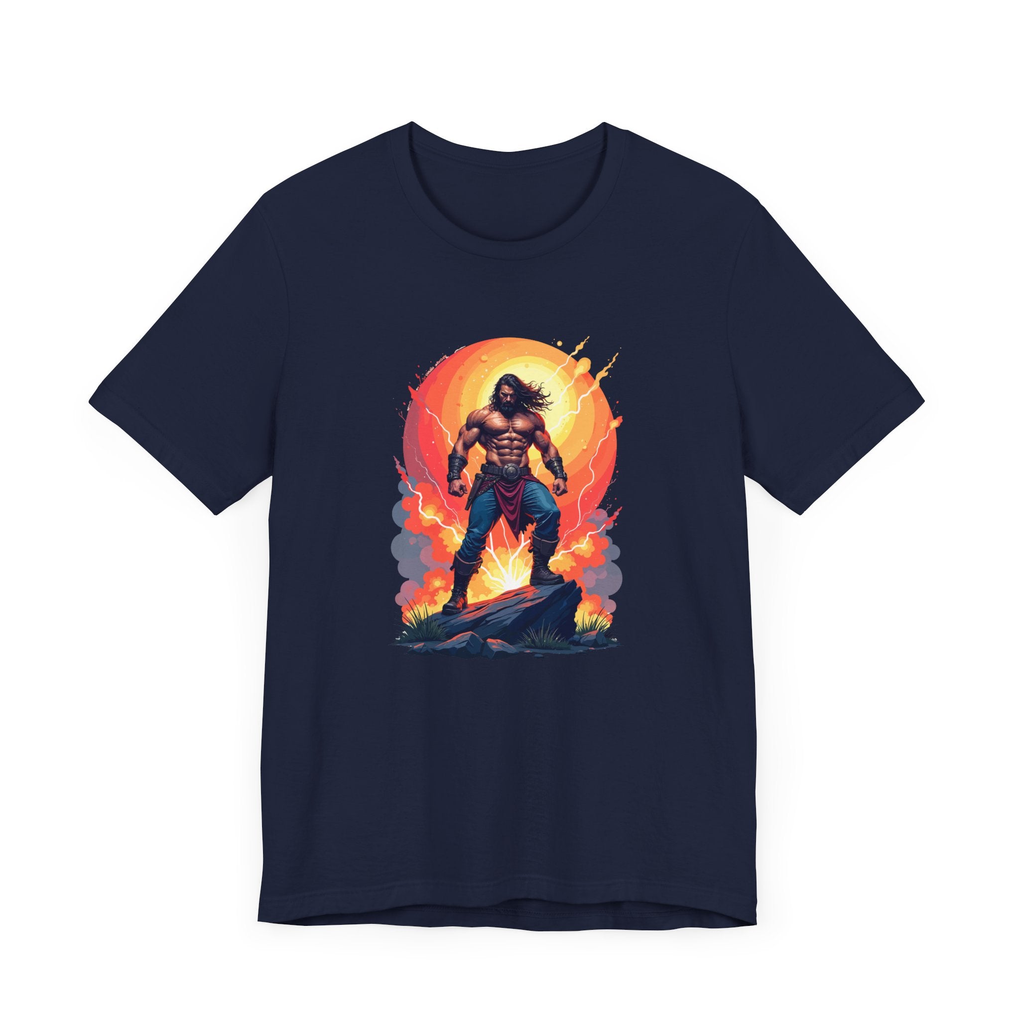 Power Unleashed – Strong Man on Rock with Lightning, Smoke & Fire Splash Graphic T-Shirt