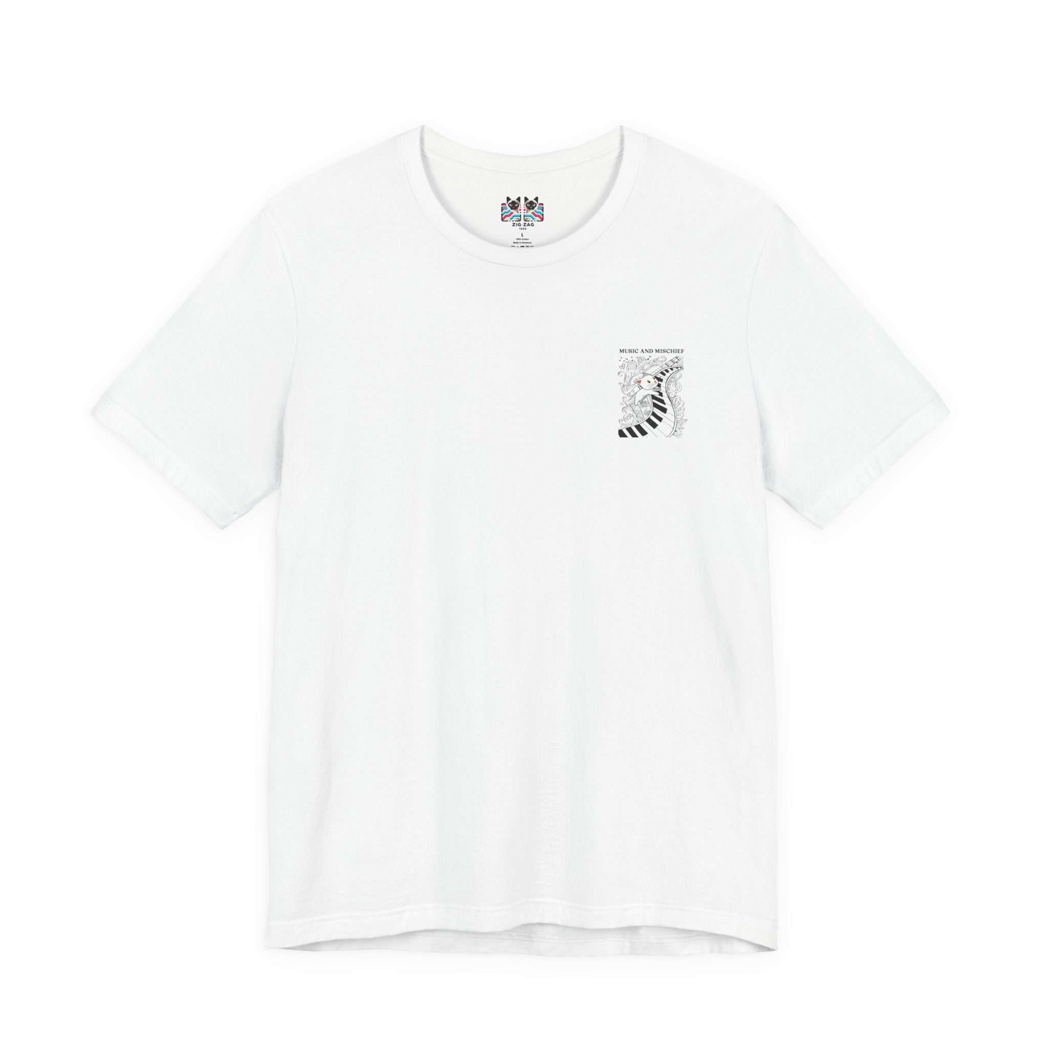 Music and Mischief T-Shirt – Piano and Playful Cat Graphic