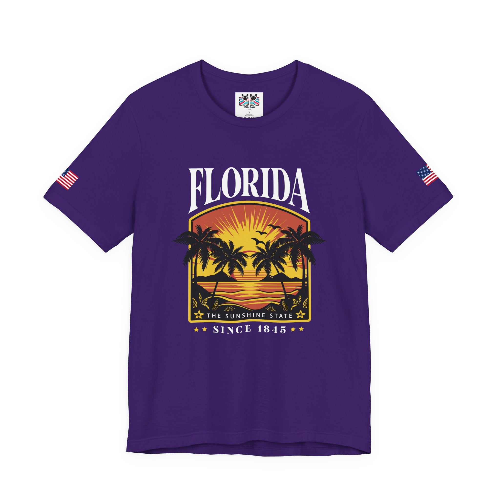 Florida The Sunshine State Since 1845 T-Shirt – Retro Badge Palm Tree Sunset Graphic Tee