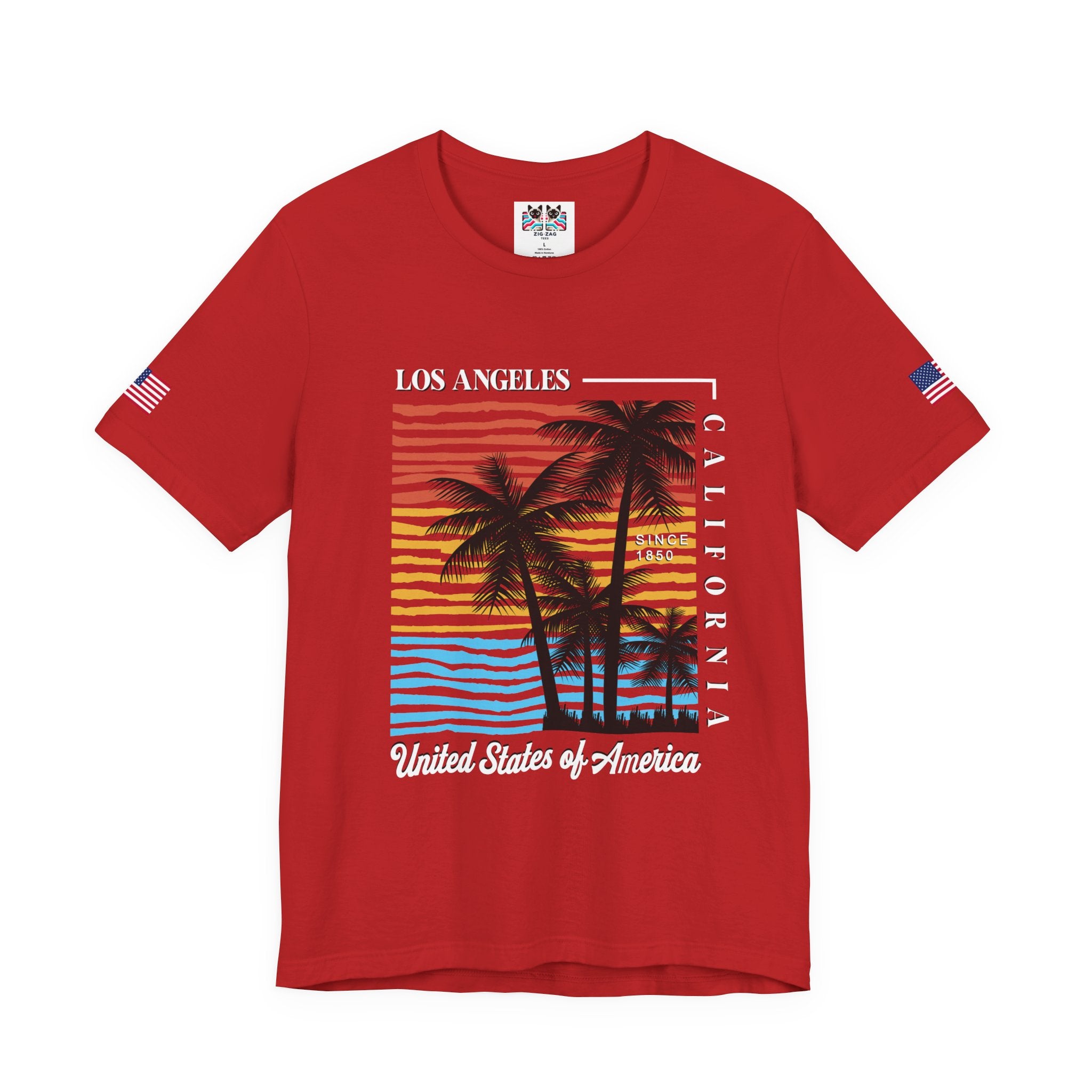 Los Angeles California Since 1850 T-Shirt – Colorful Striped Sunset Palm Tree USA Tee
