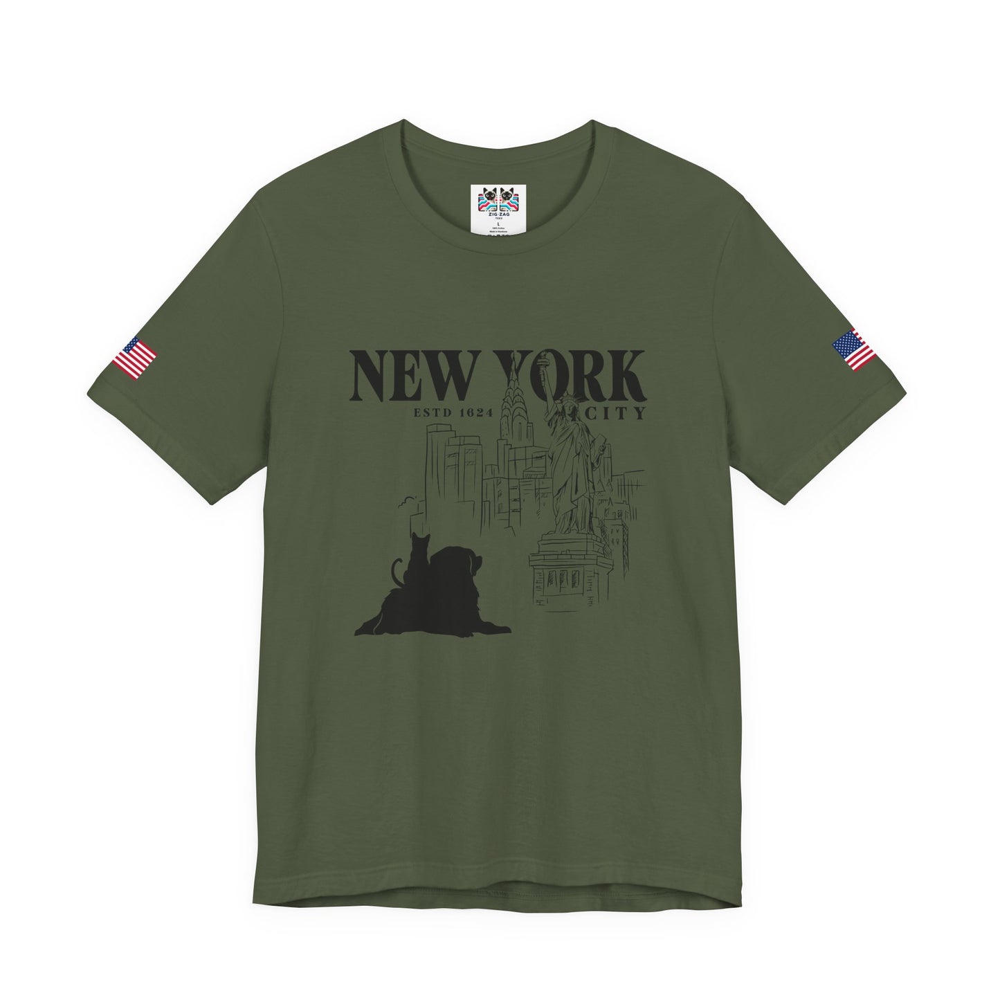 New York City Cat Dog T-Shirt - NYC Est. 1624 Sketch Art with Brooklyn Bridge & Liberty