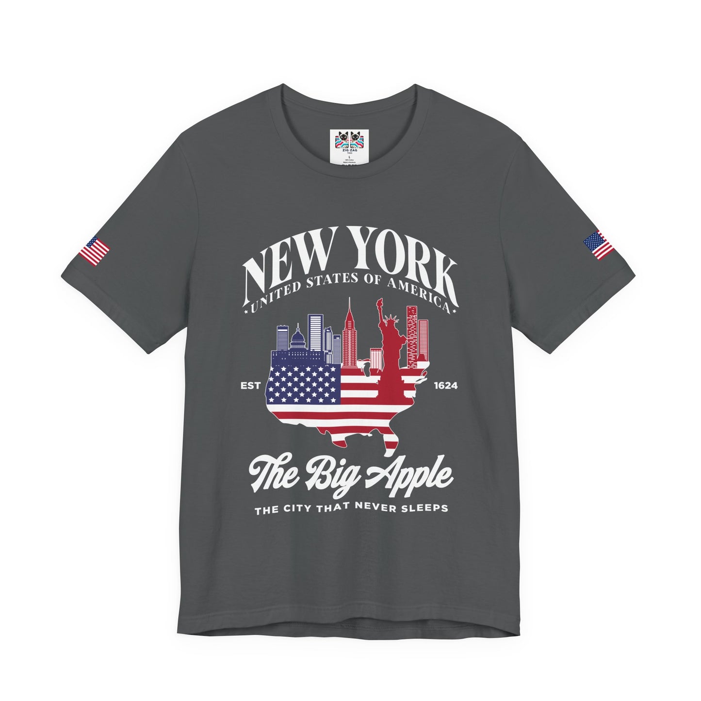 New York The Big Apple T-Shirt - NYC Skyline USA Flag Design Est 1624