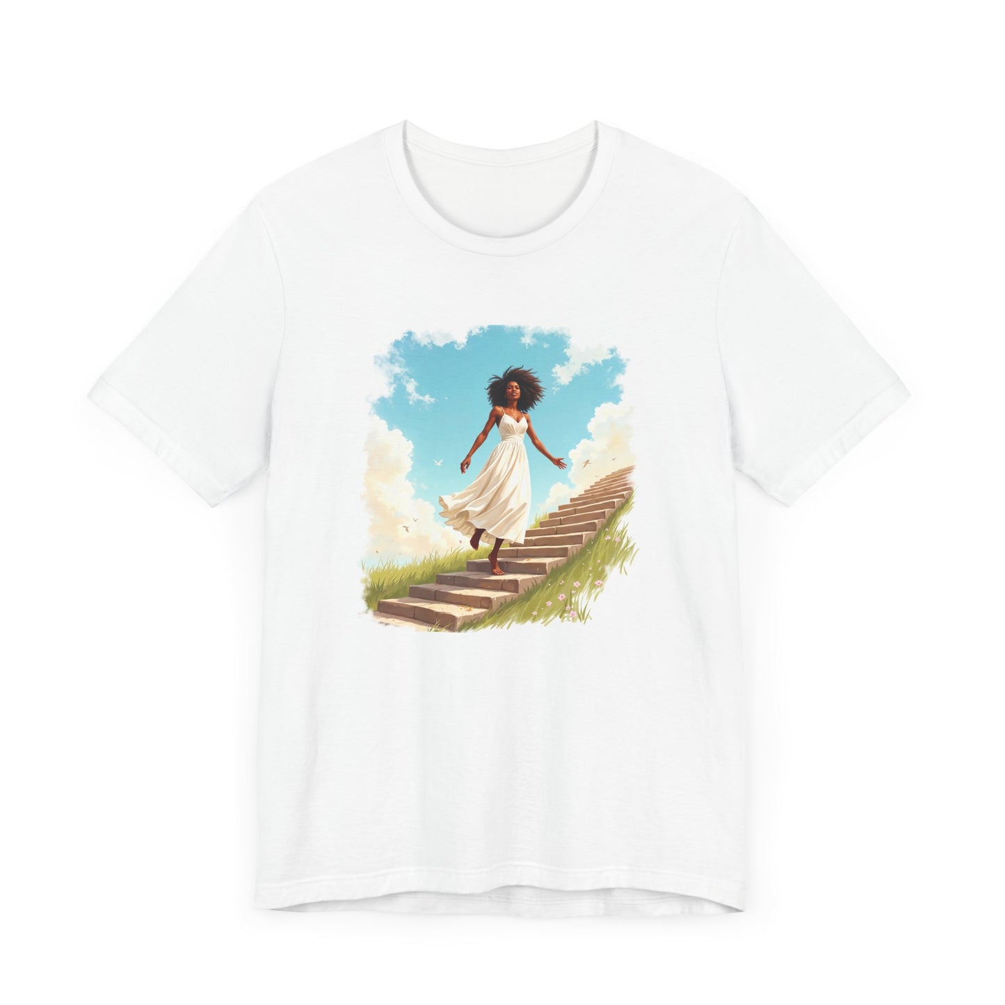 Graceful Woman in White Dress Walking on Stairs – Blue Sky & Green Ground Graphic T-Shirt