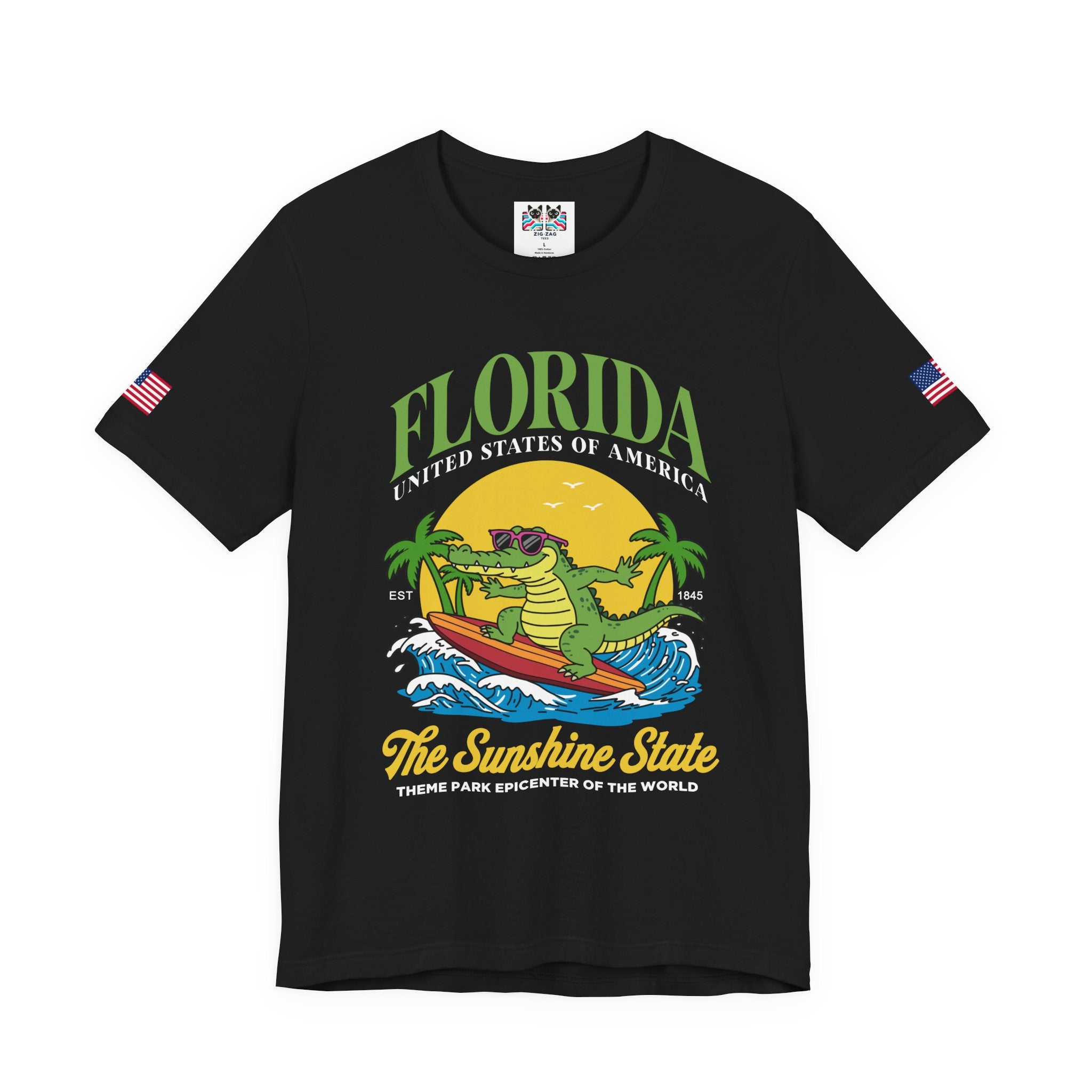 Florida Sunshine State T-Shirt – Surfing Alligator EST 1845 Theme Park Epicenter USA Tee