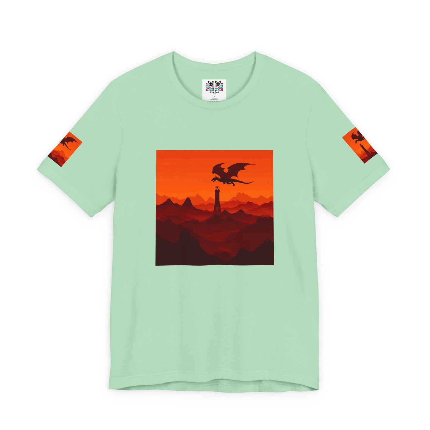 Dragon Sunset T-Shirt – Silhouette Flying Dragon Mountain Landscape Fantasy Graphic Tee