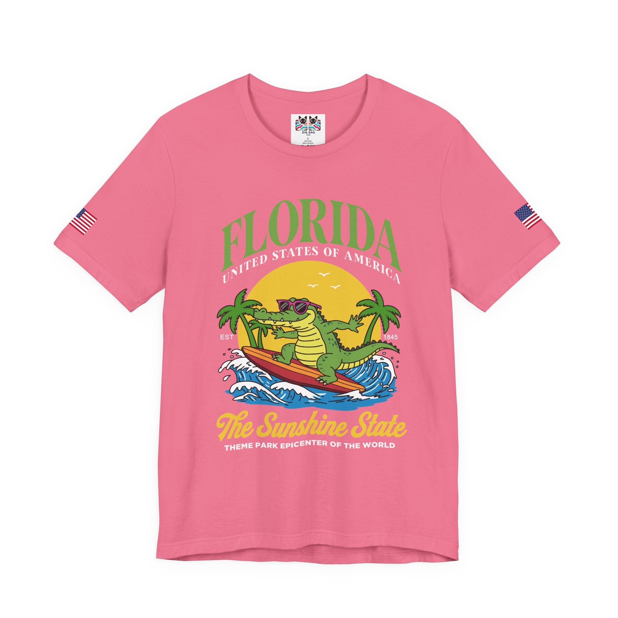 Florida Sunshine State T-Shirt – Surfing Alligator EST 1845 Theme Park Epicenter USA Tee