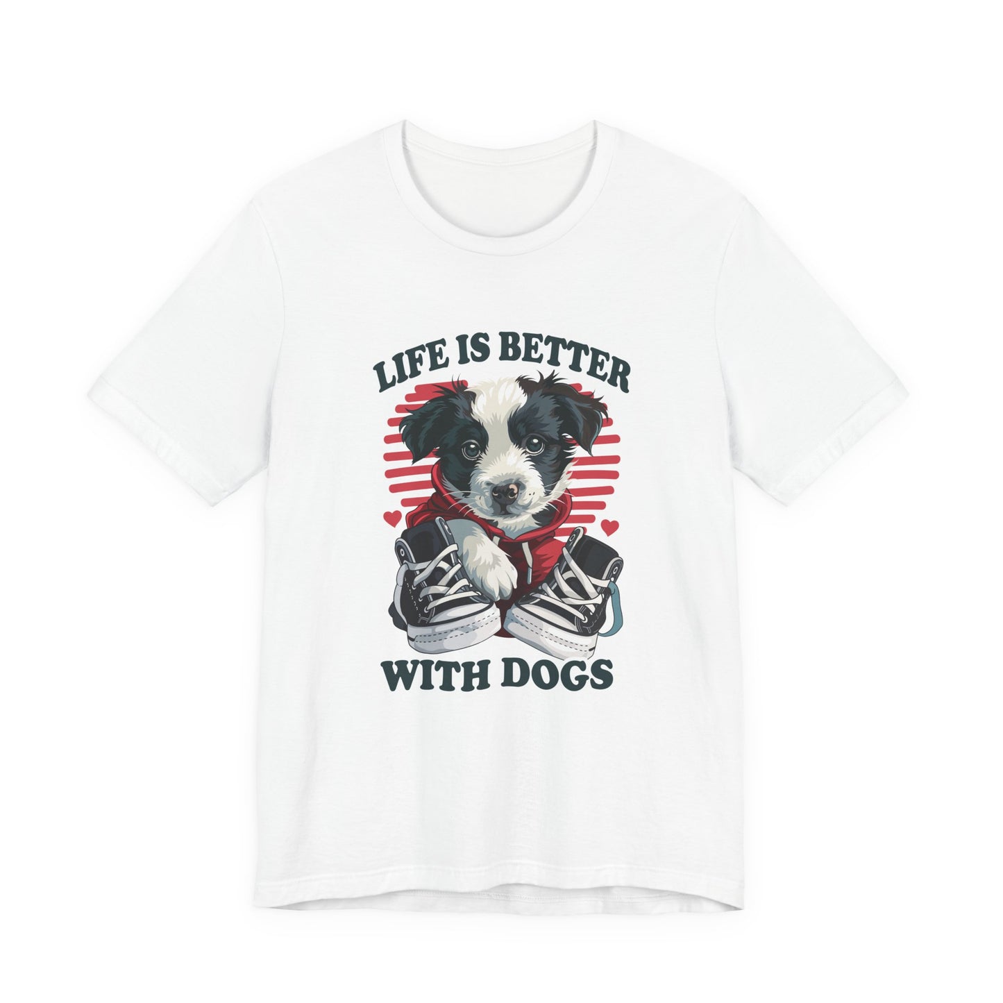 Life Is Better With Dogs T Shirt Cuddly Dog in Jacket Sitting by Shoes Graphic