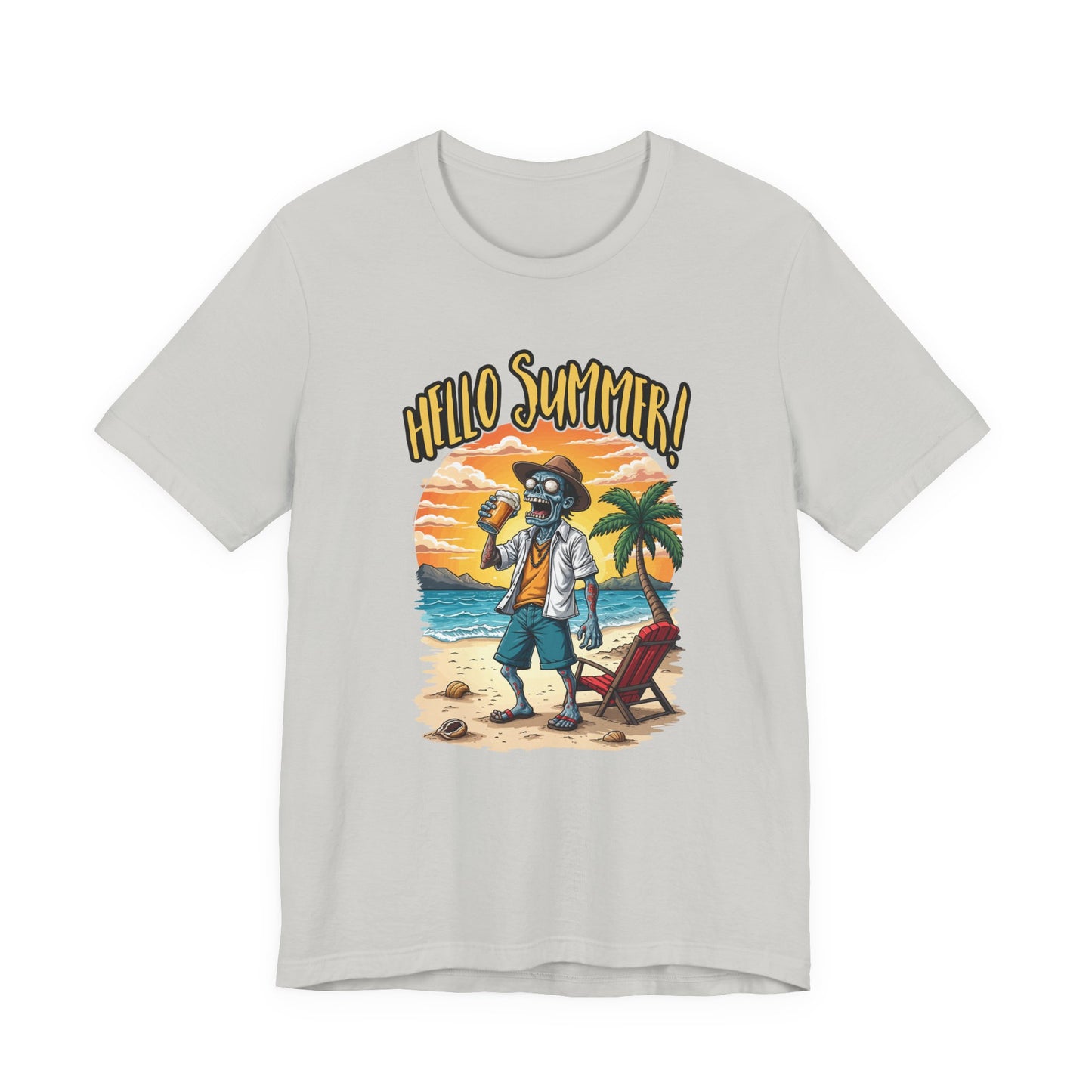 Hello Summer Tshirt Old Zombie with Cap, Beer Glass, Beach, Palm Trees & Reclining Chair