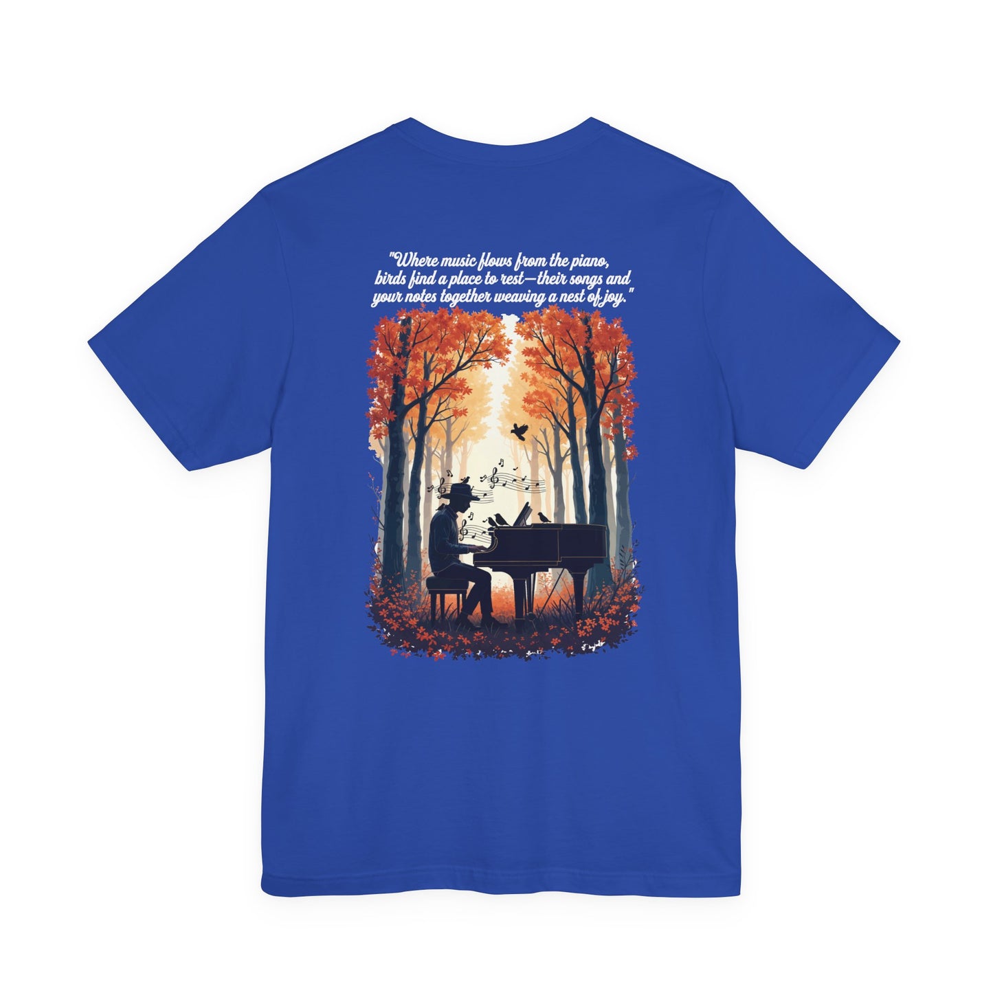 Music & Nature Harmony T-Shirt – Grand Piano in Autumn Forest Scene [White Text]