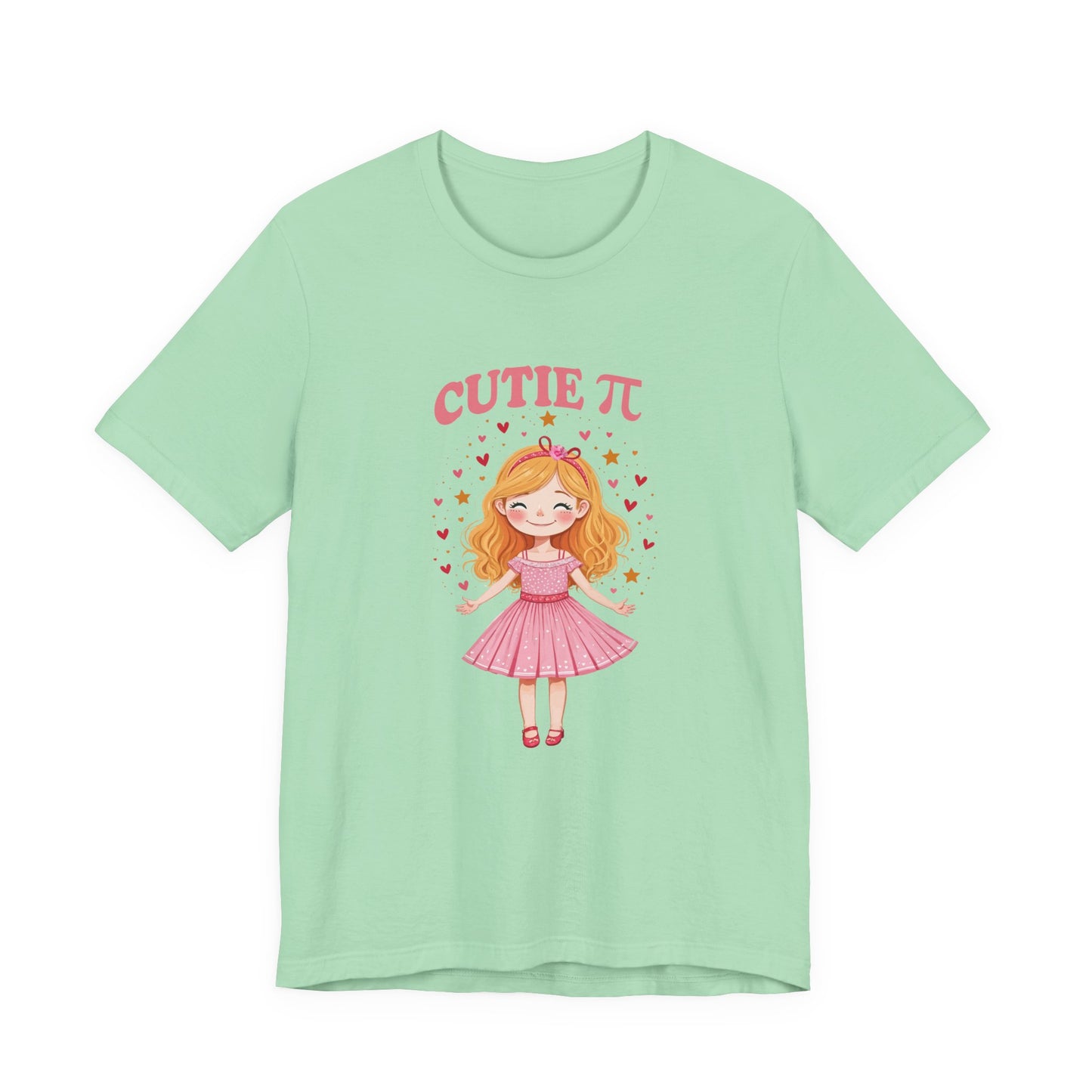 Cutie Pi Tshirt – Happy Girl with Pi Symbol, Hearts, and Stars Graphic