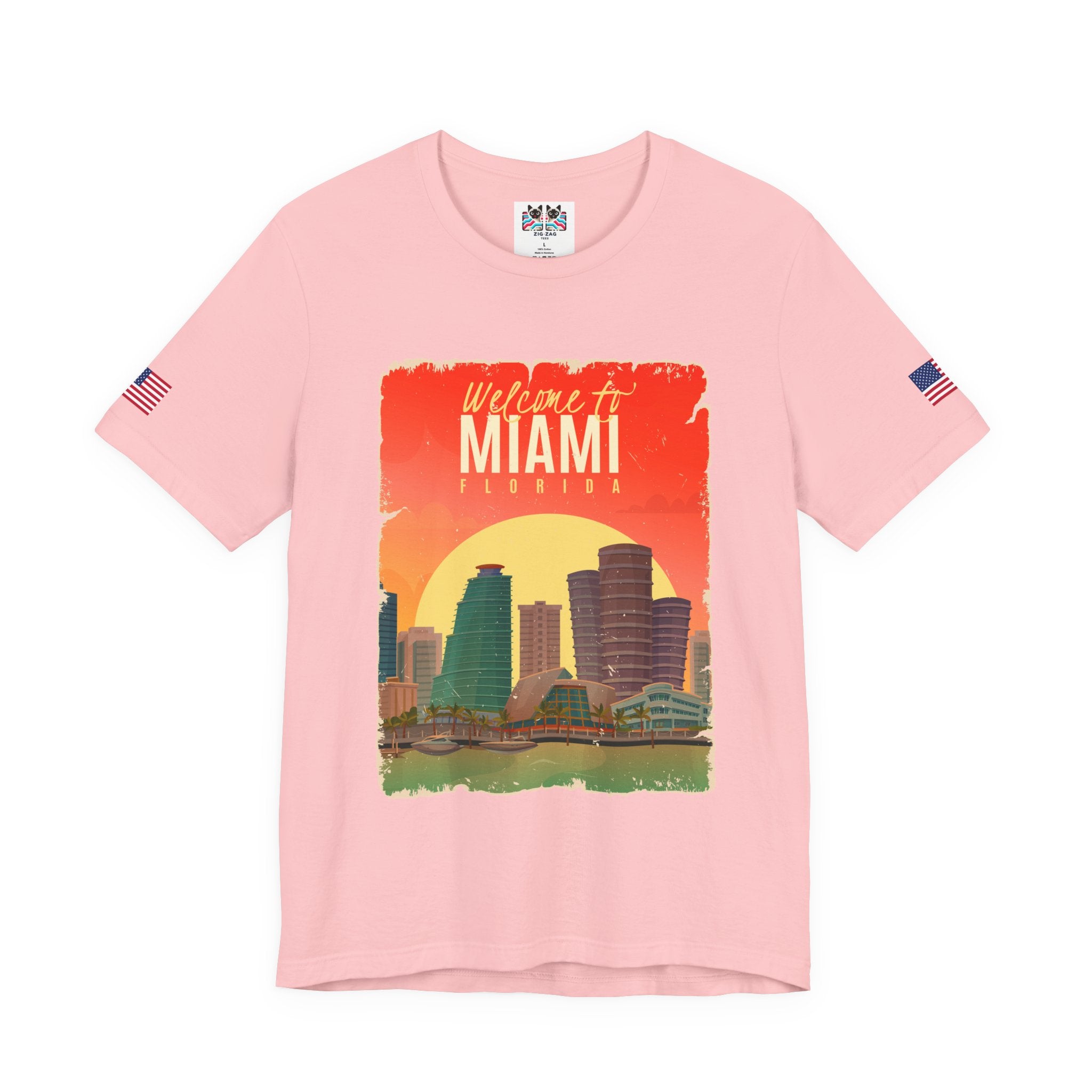 Welcome to Miami Florida T-Shirt – Vintage Retro Skyline Sunset Poster Graphic Tee