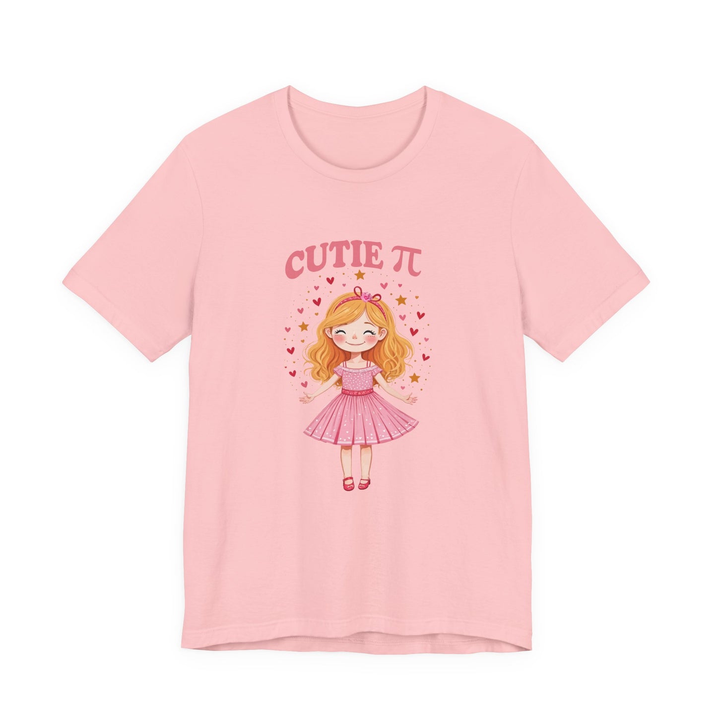 Cutie Pi Tshirt – Happy Girl with Pi Symbol, Hearts, and Stars Graphic
