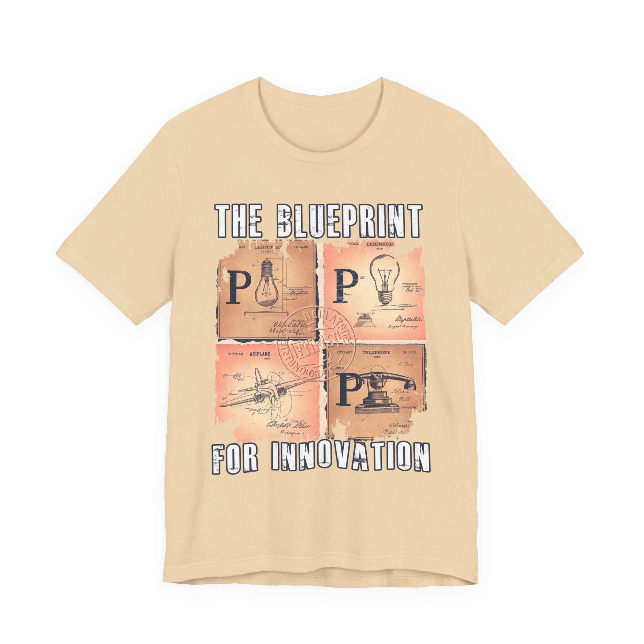 The Blueprint for Innovation Tshirt – Vintage Paper with Iconic Inventions Graphic