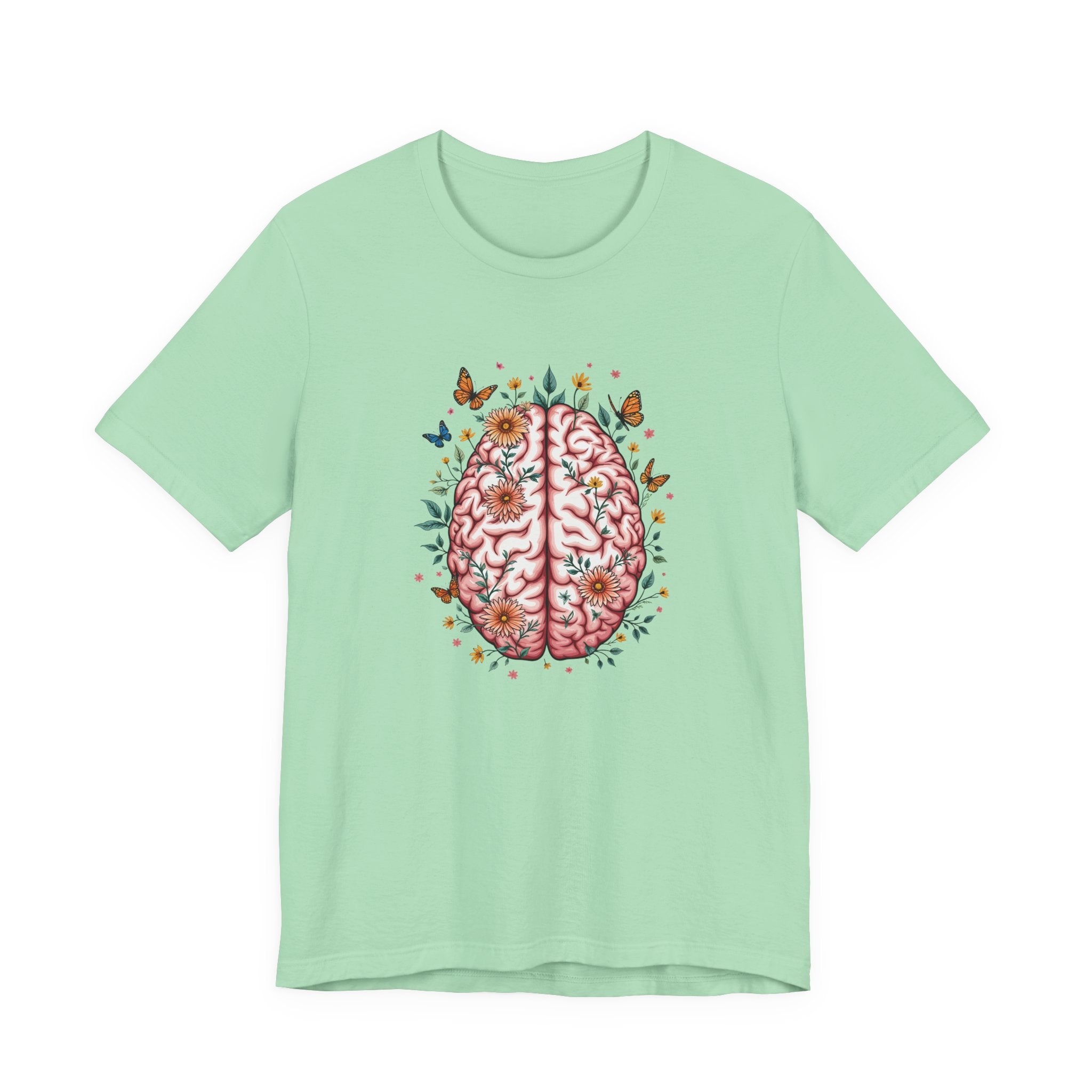 Human Brain with Flowers and Butterflies Tshirt – Artistic Floral Brain Graphic