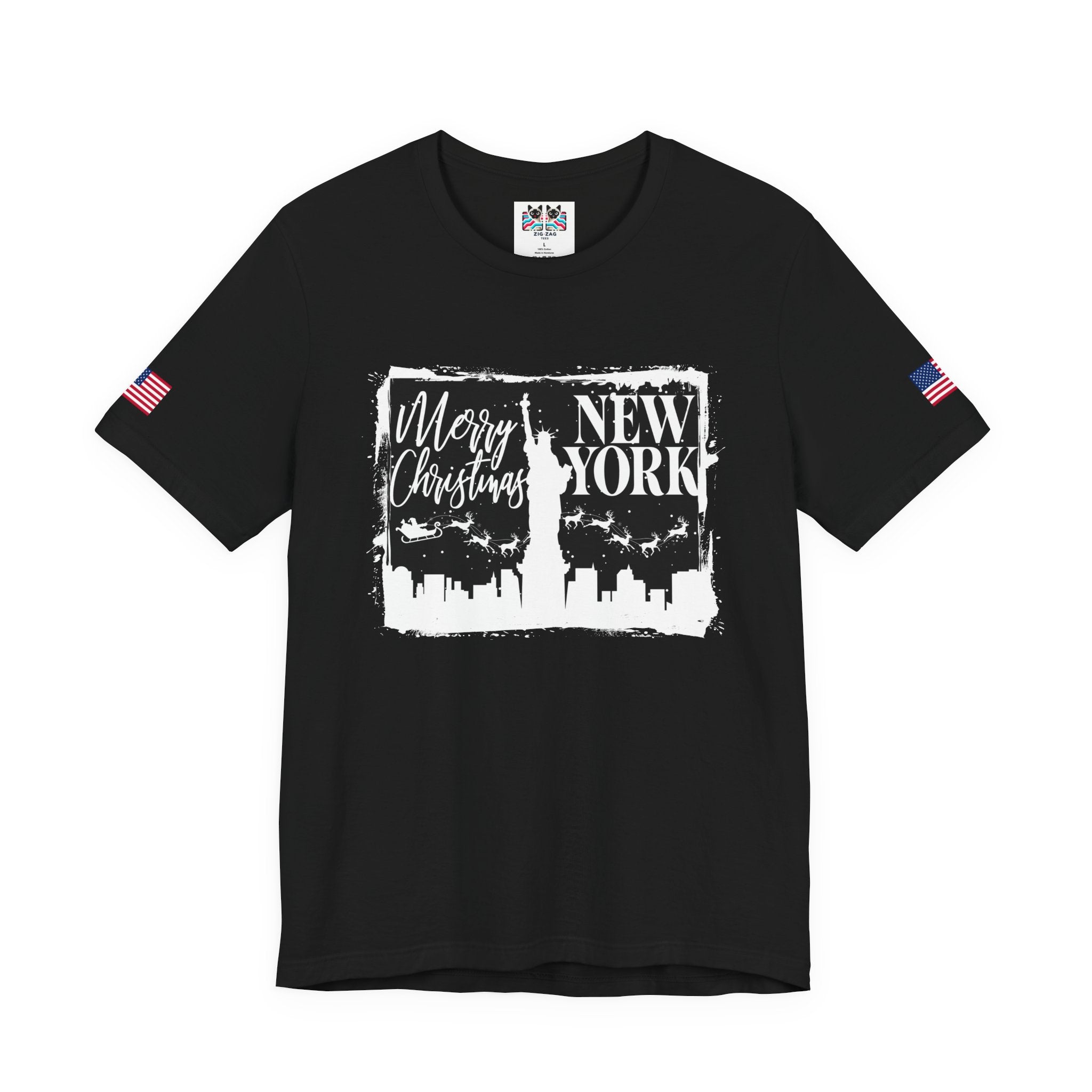 Merry Christmas New York T-Shirt - NYC Holiday Skyline with Santa & Statue of Liberty