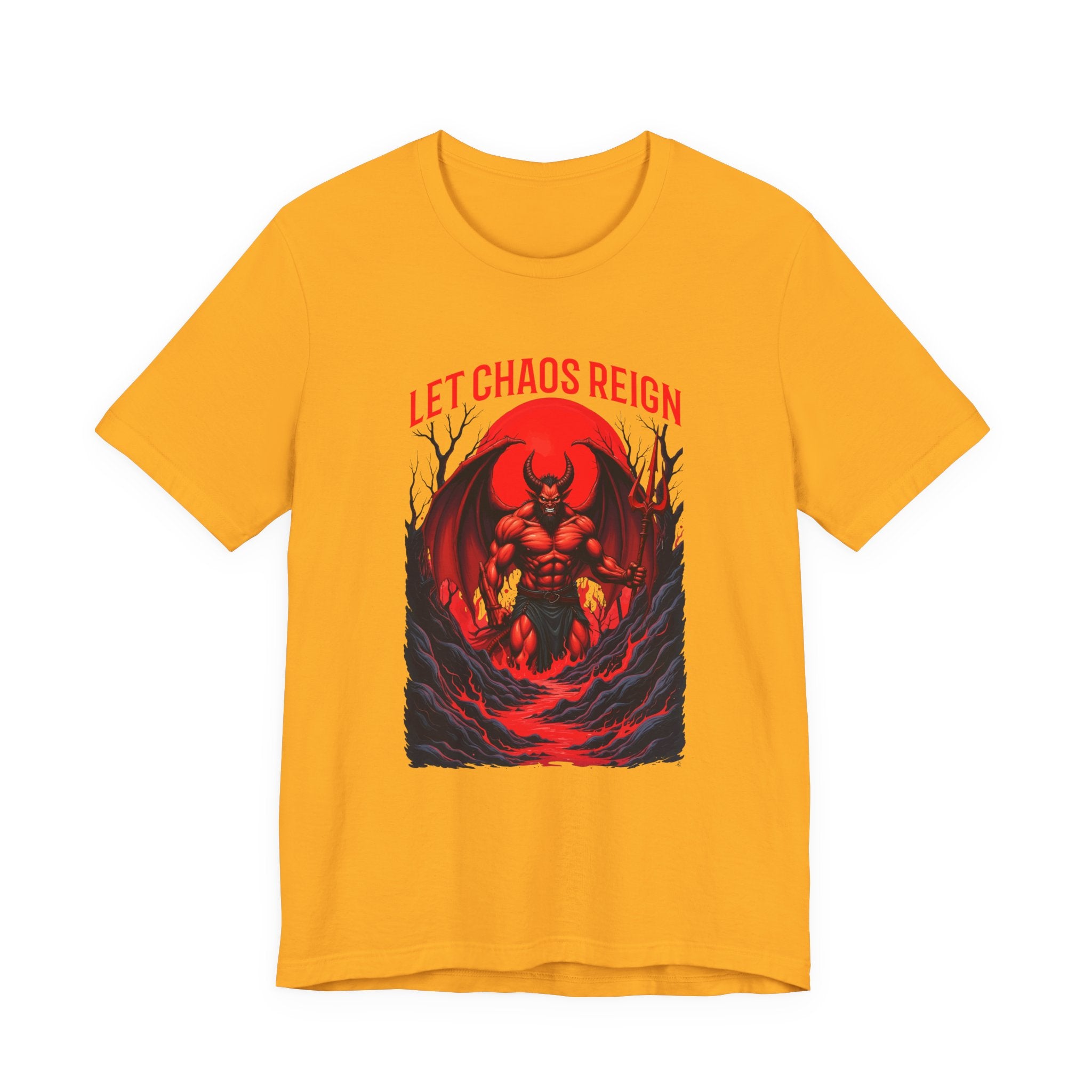 Let Chaos Reign – Fierce Beast with Wings on Fiery under Red Moon Graphic T-Shirt