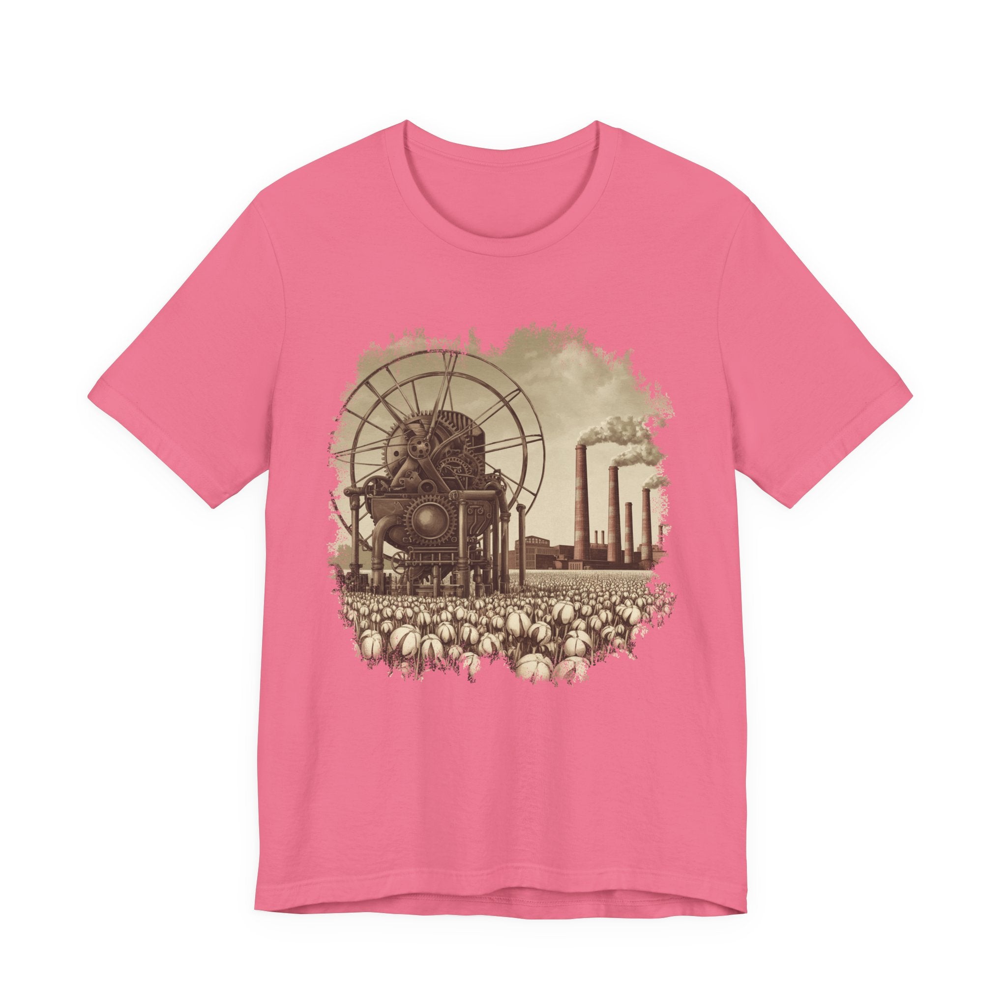 Cotton Gin Club Tshirt – Harvest-Ready Cotton Field with Historic Spinning Machine and Factory