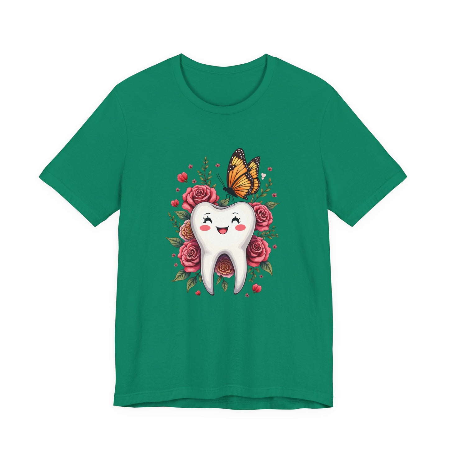 Smile T Shirt Featuring Large Smiling Tooth Surrounded by Flowers Leaves and Butterflies