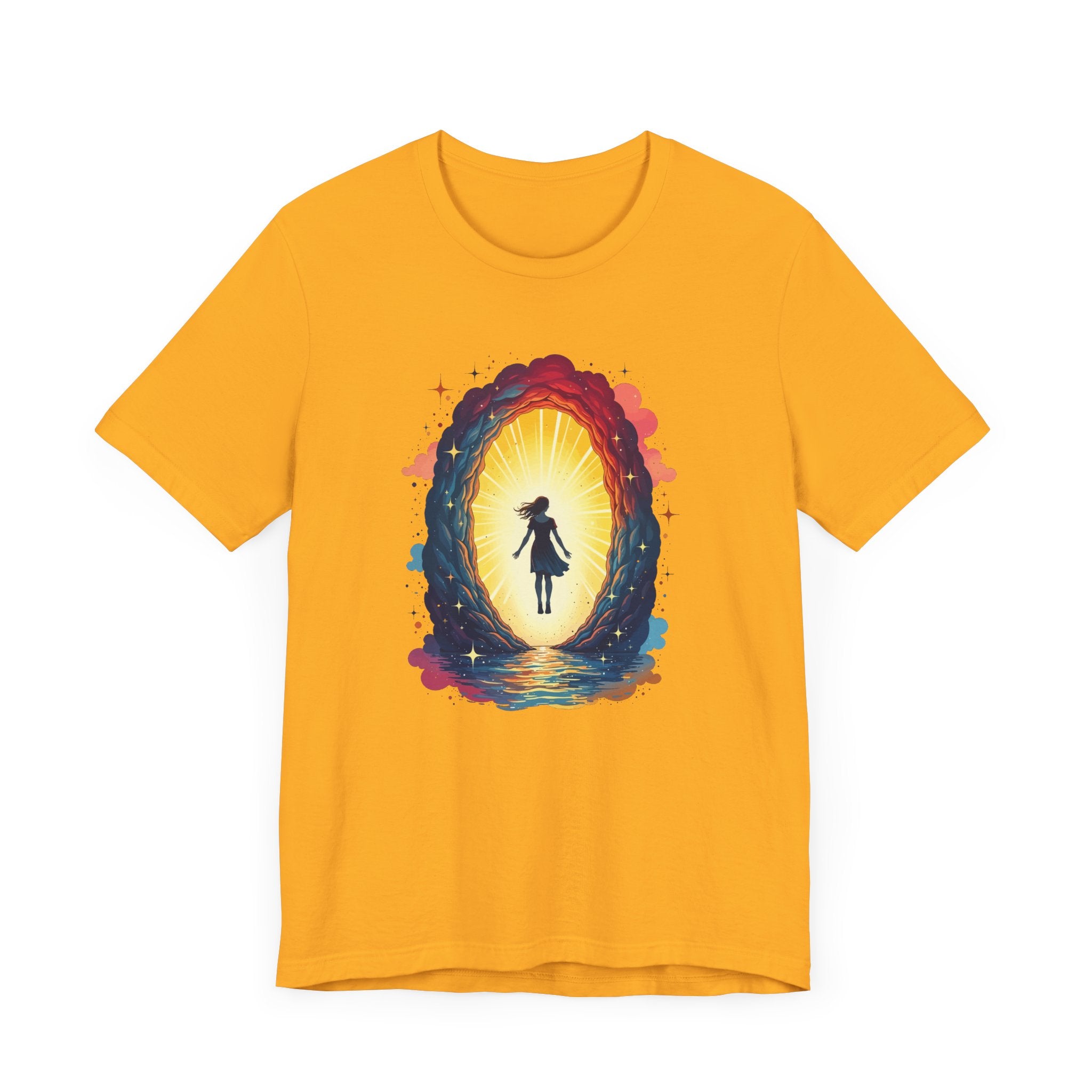 Interdimensional Chill – Floating Woman in Cosmic Portal Graphic T-Shirt
