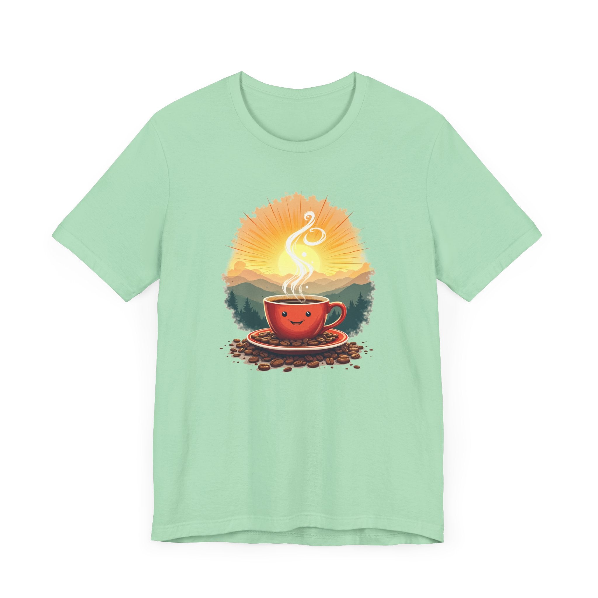Sunrise Coffee Cup with Coffee Beans and Radiant Morning Glow Graphic T-Shirt