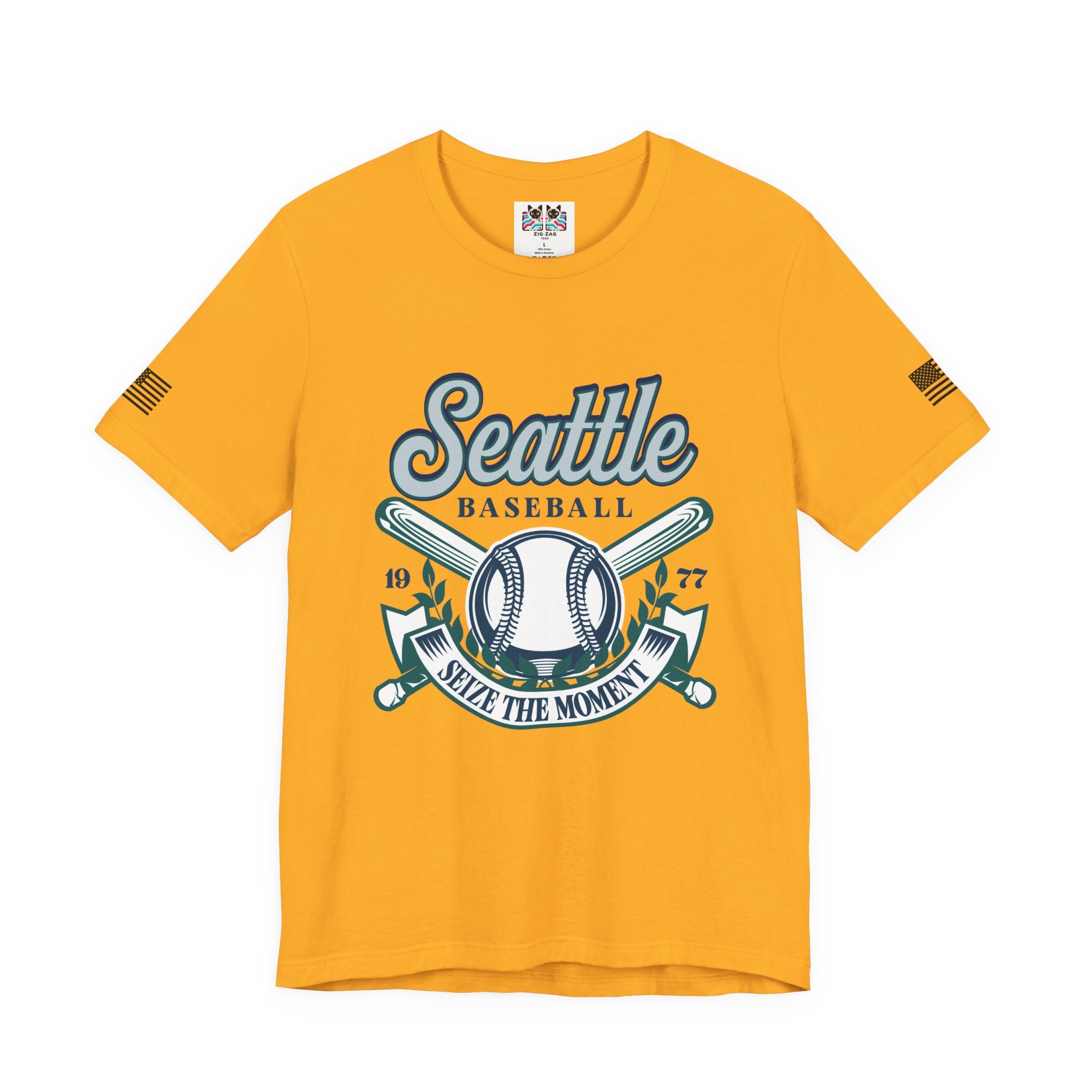 Seattle Baseball 1977 Seize the Moment Retro Crest Graphic T-Shirt | Seattle Mariners Inspired Fan Tee | Baseball Gift