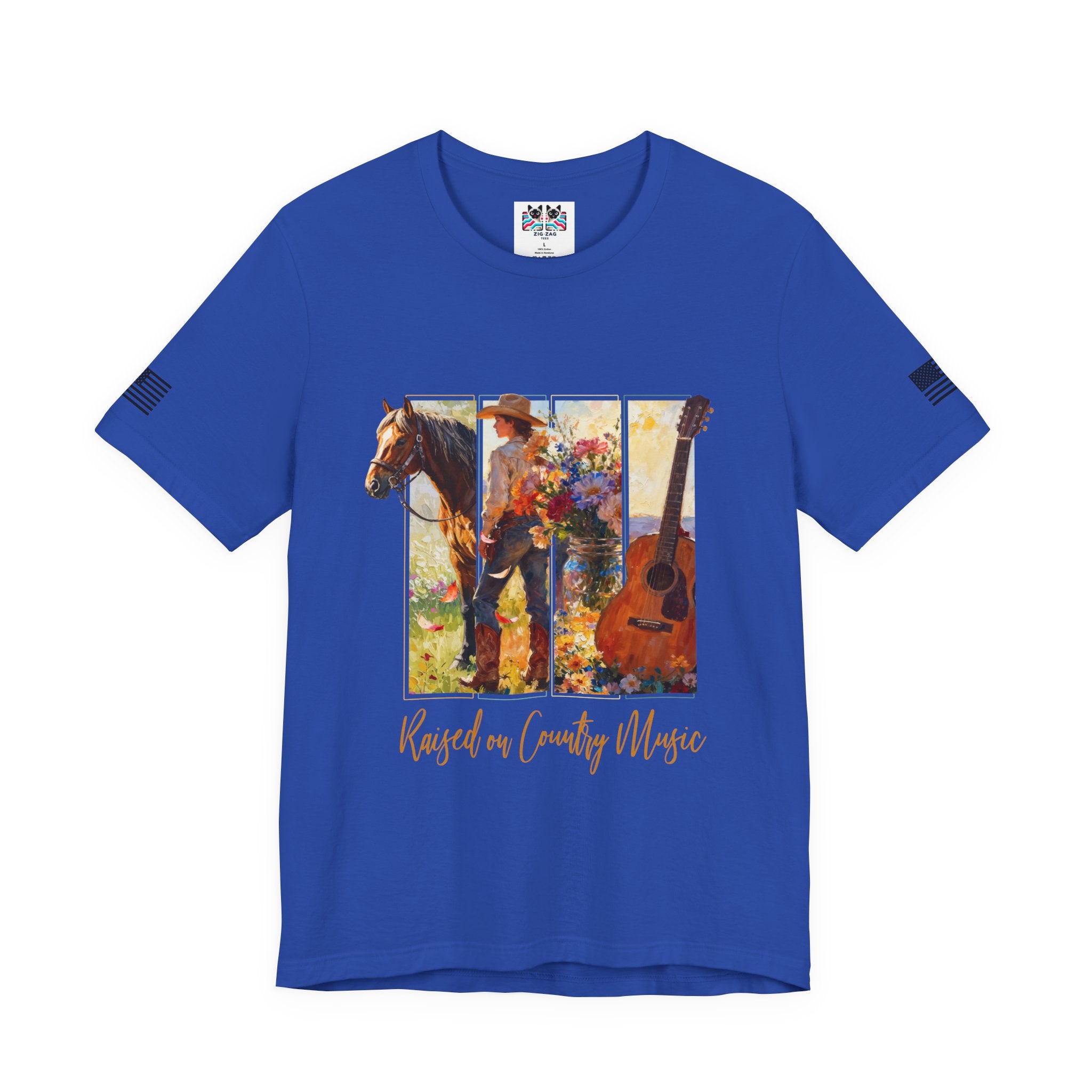 Raised on Country Music T-Shirt – Triptych Horse Cowboy Guitar Floral Illustrated Graphic Tee