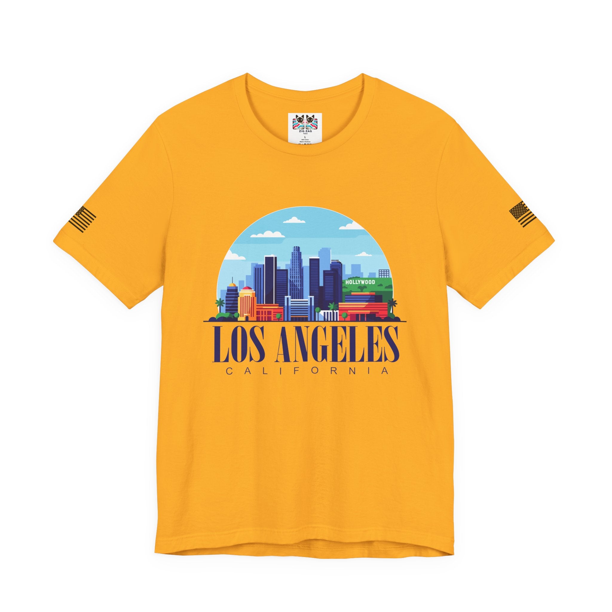 Los Angeles California T-Shirt – Hollywood Sign Colorful Illustrated Skyline Circle Tee