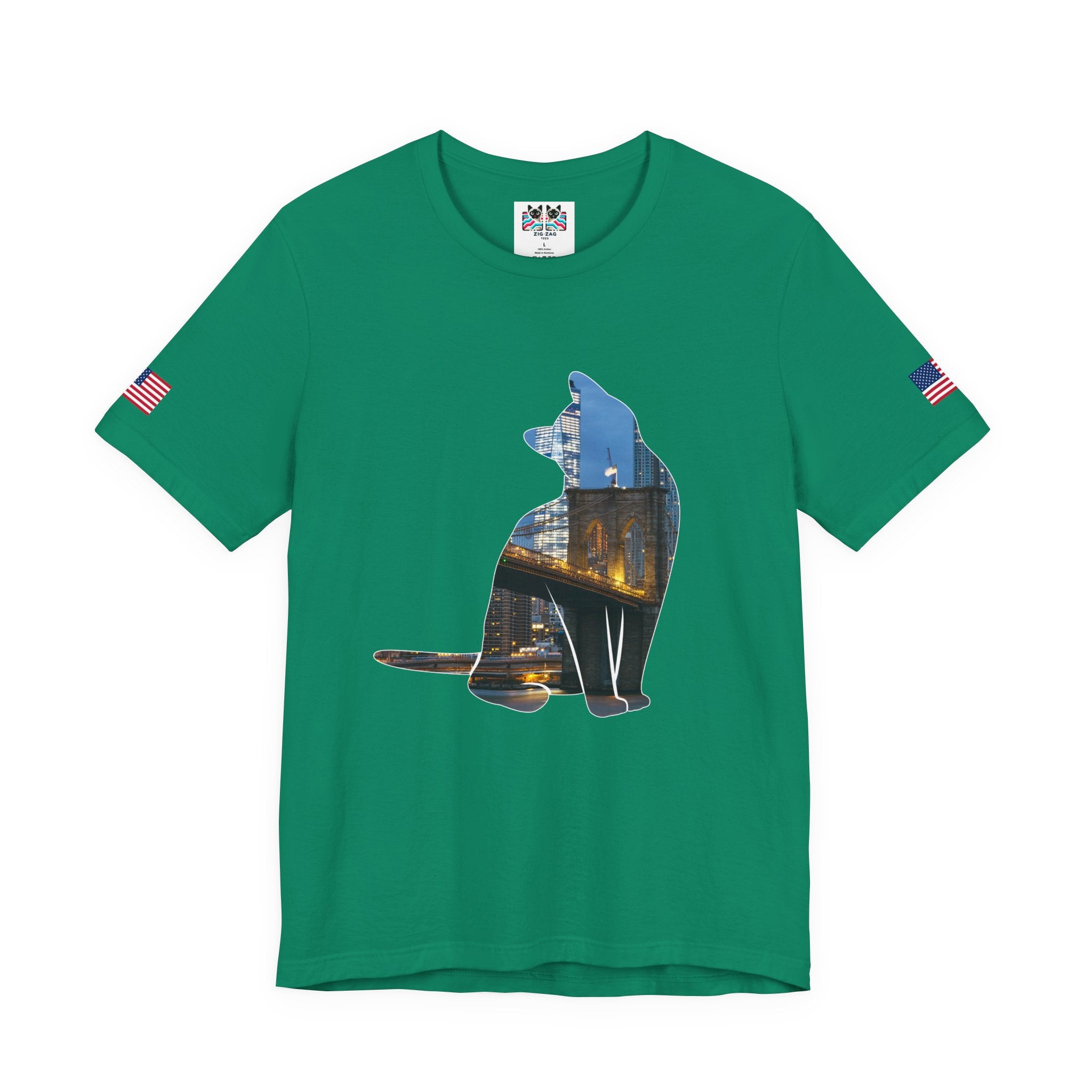 NYC Cat Silhouette T-Shirt - New York City Skyline in Cat Shape Brooklyn Bridge Design