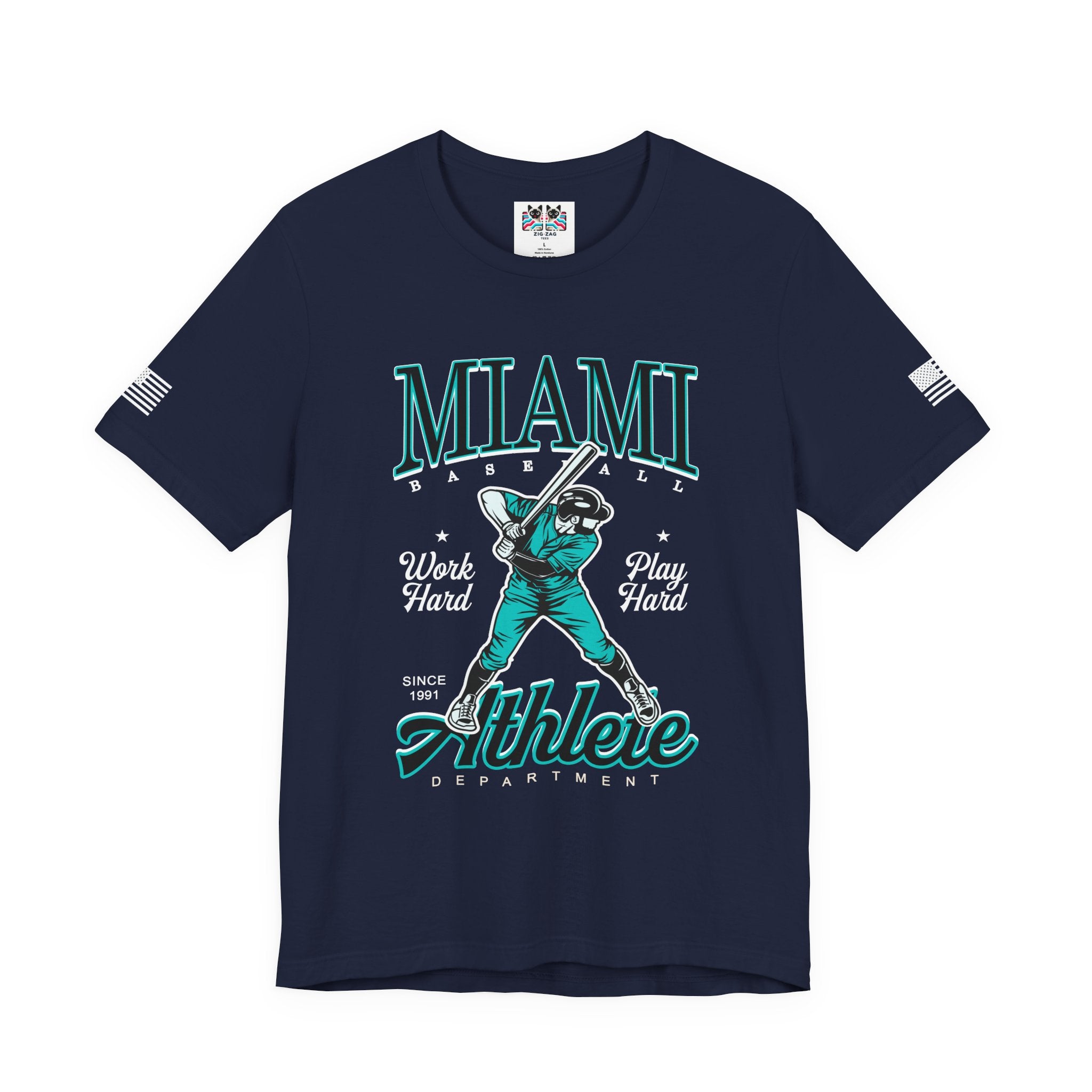 Miami Baseball Athlete Department T-Shirt – Work Hard Play Hard Since 1991 Graphic Tee