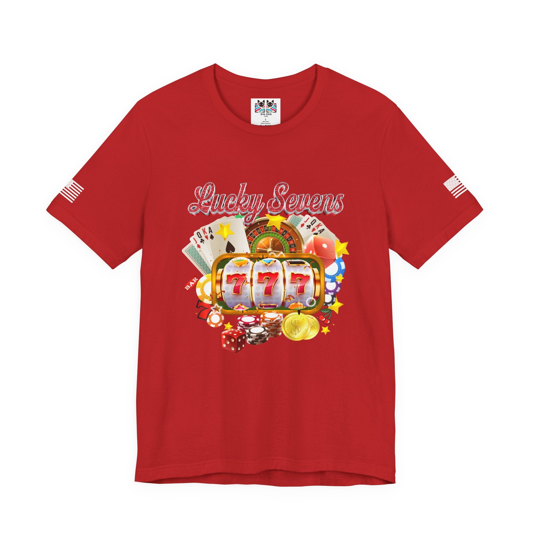 Lucky Sevens Casino T-Shirt – 777 Slot Machine Roulette Poker Chips Vegas Tee