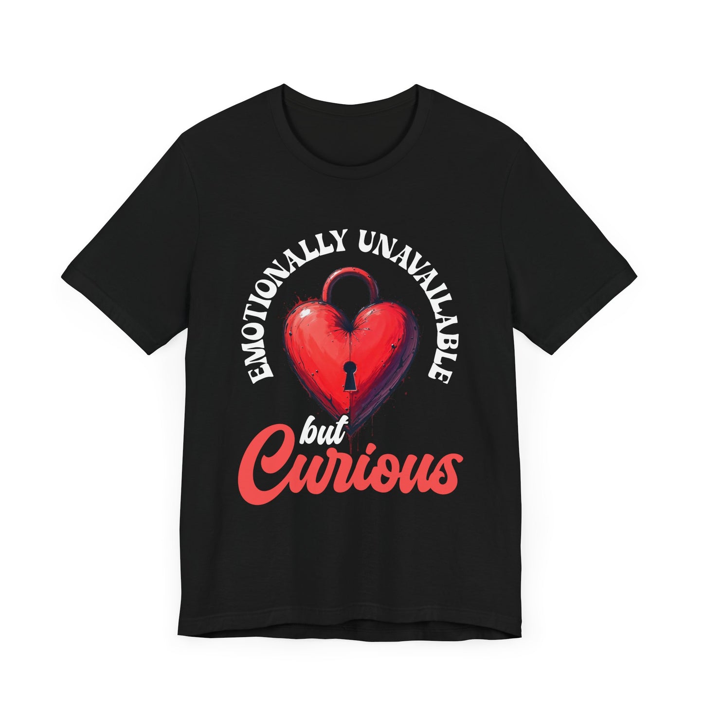 Emotionally Unavailable But Curious – Red Heart Lock Graphic T-Shirt
