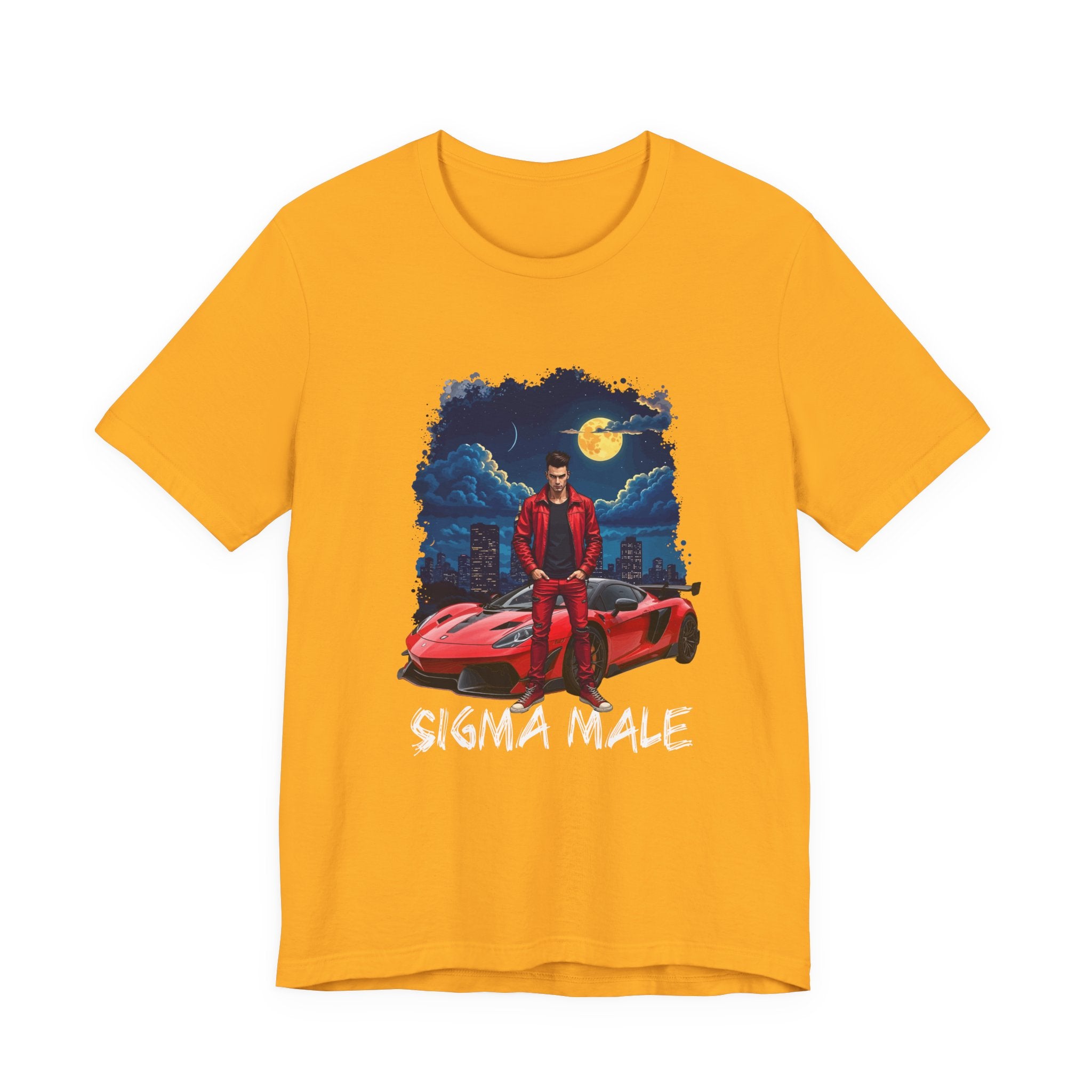 SIGMA MALE – Man in Red Jacket with Racing Car and Full Moon Graphic T-Shirt