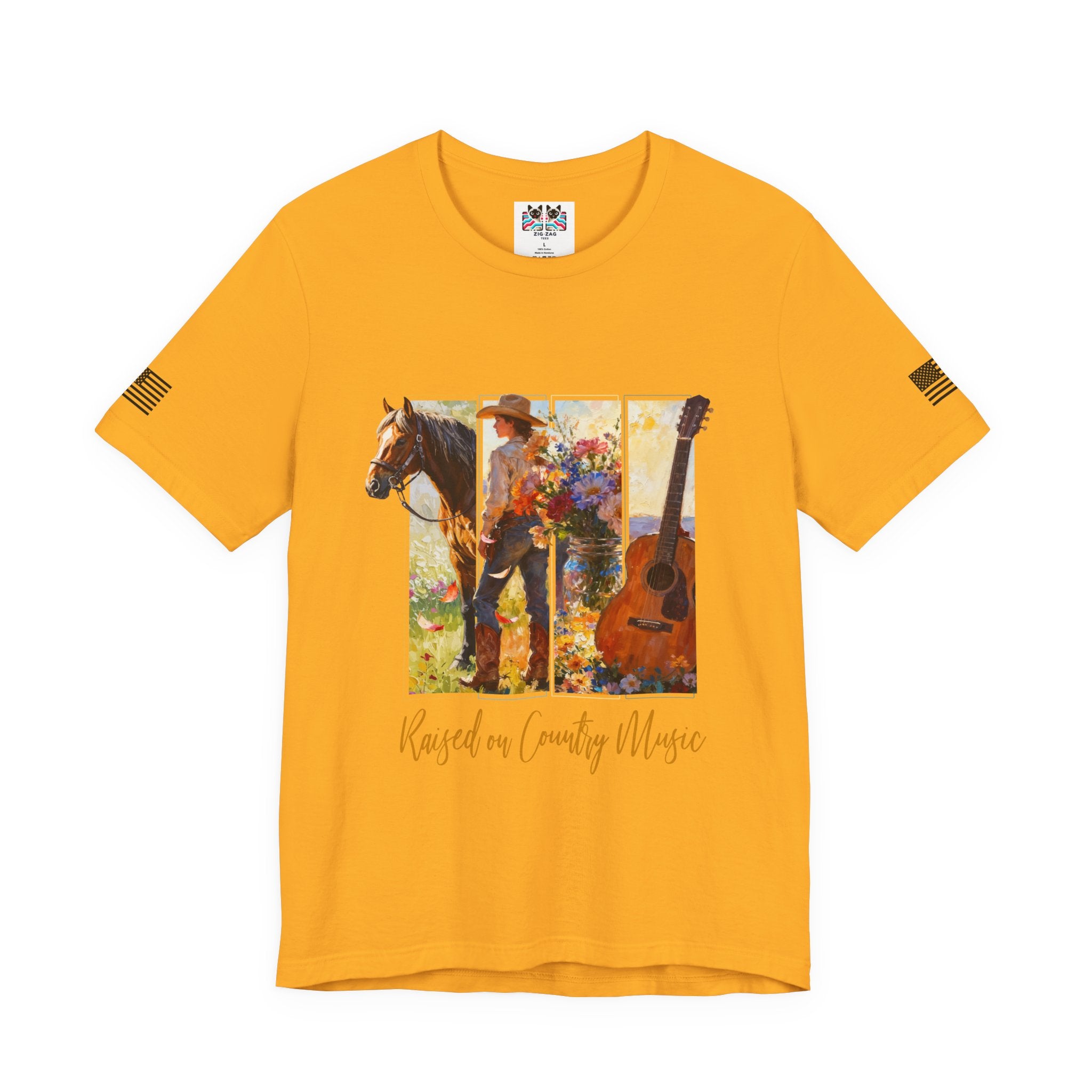 Raised on Country Music T-Shirt – Triptych Horse Cowboy Guitar Floral Illustrated Graphic Tee