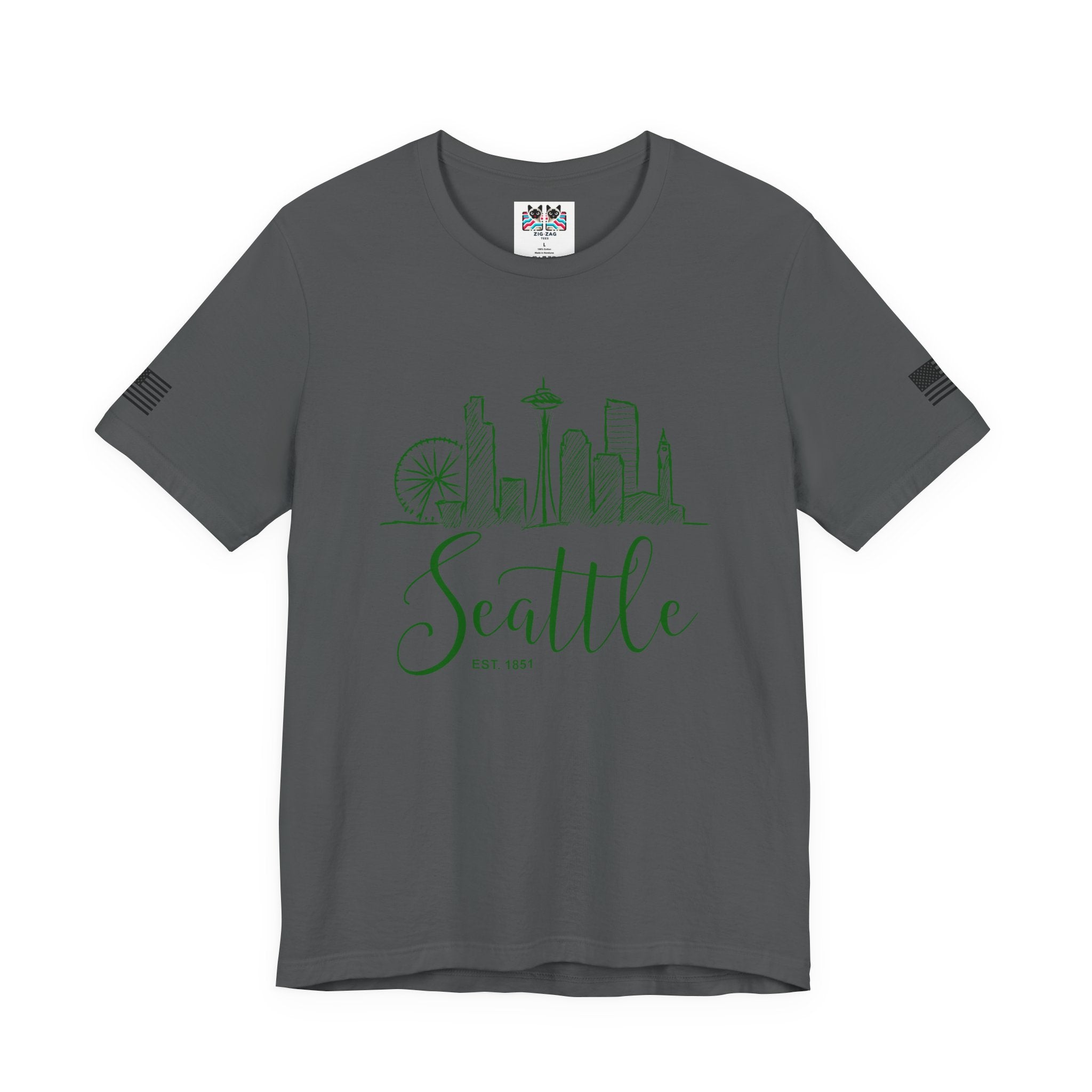 Seattle EST 1851 Hand-Drawn Sketch Skyline Script T-Shirt | Seattle Souvenir Tee | Space Needle Great Wheel Shirt