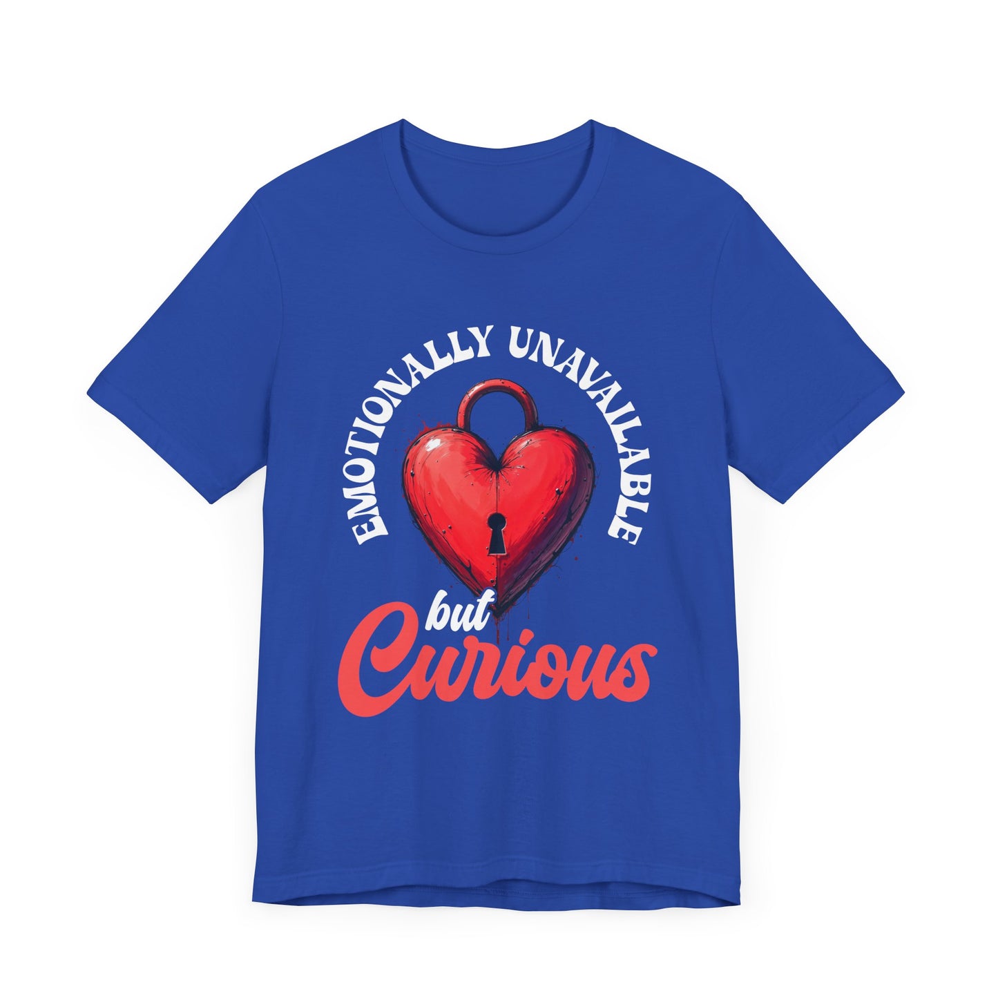 Emotionally Unavailable But Curious – Red Heart Lock Graphic T-Shirt
