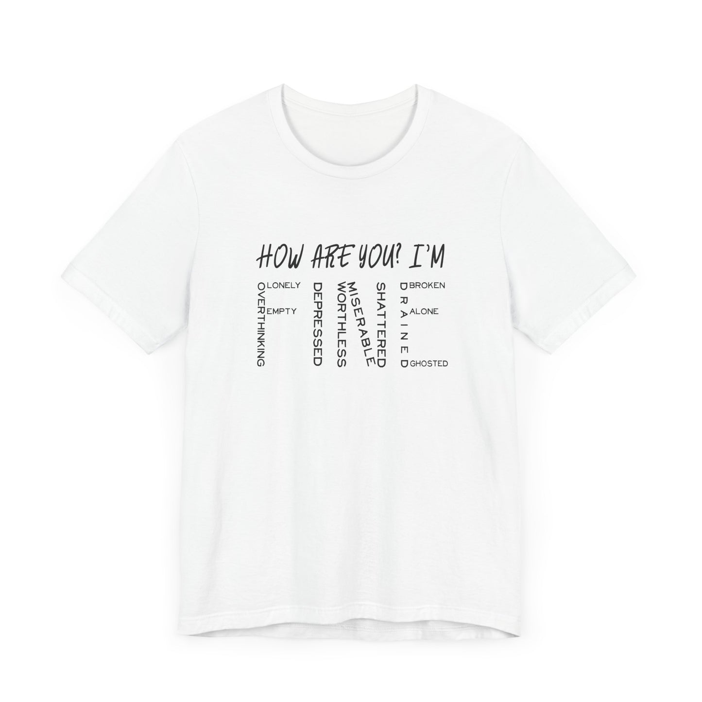 How Are You? I'm Fine Graphic Statement Tee for Mental Health Awareness and Emotional Honesty Advocates