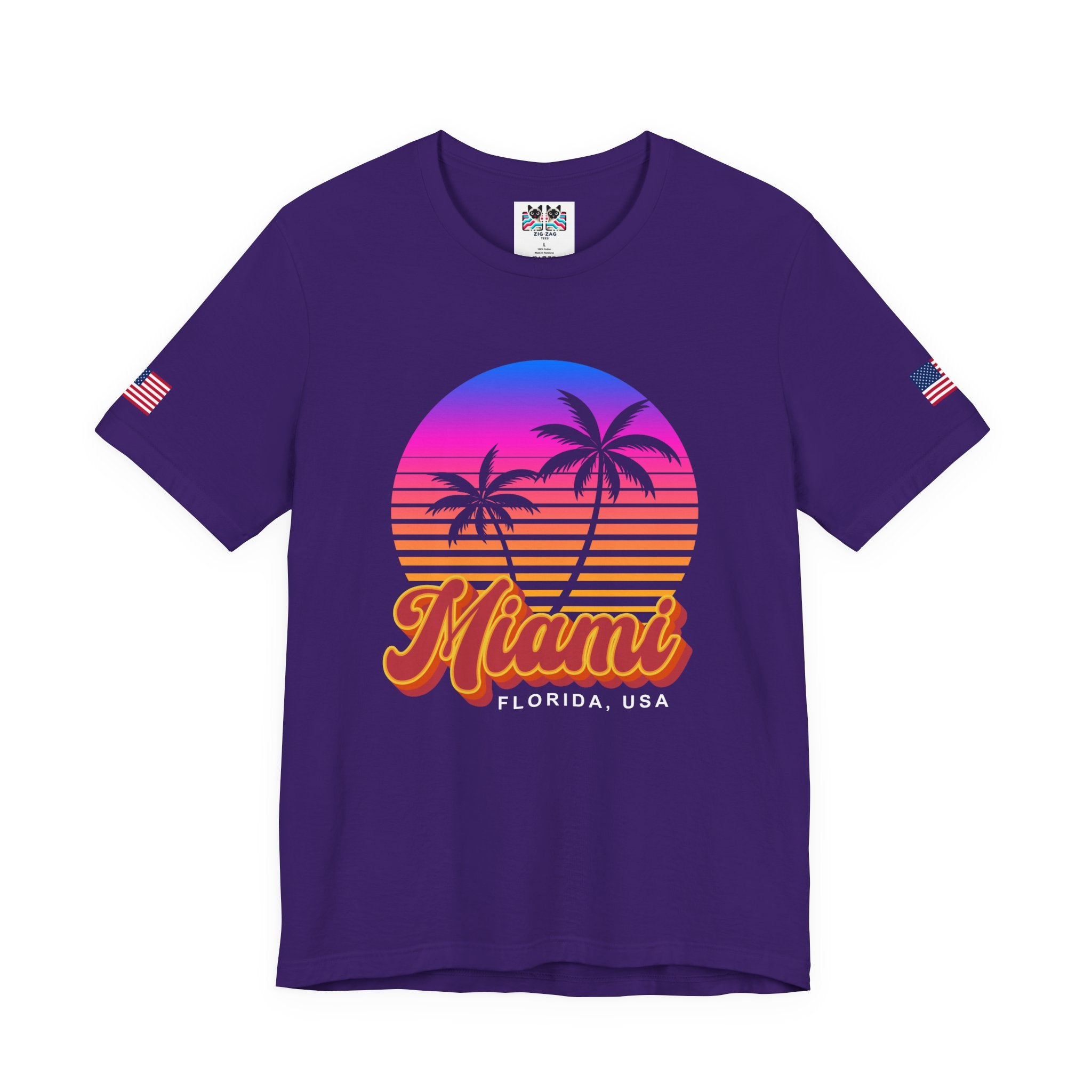 Miami Florida USA T-Shirt – Retro Neon Sunset Palm Tree Circle Graphic Tee