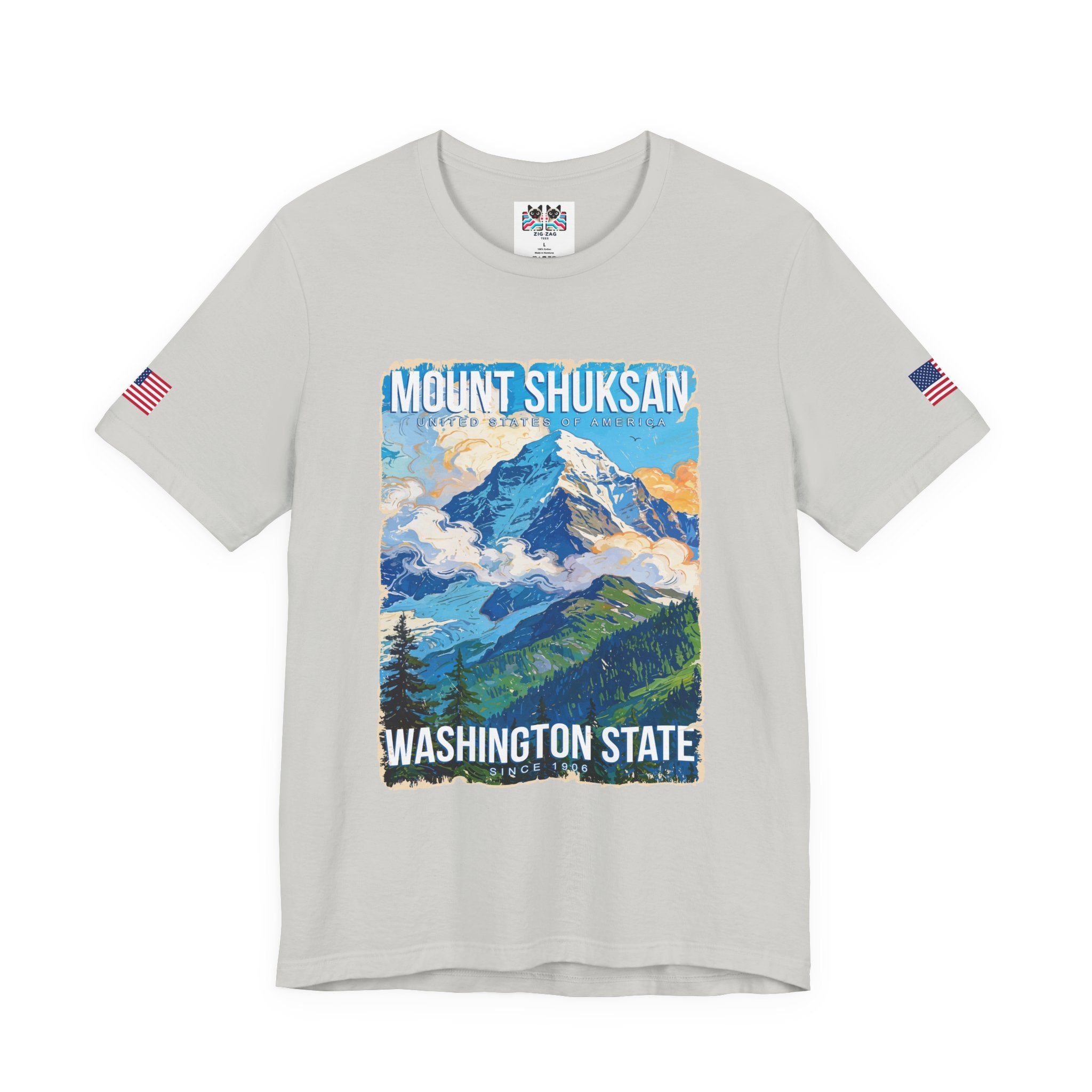 Mount Shuksan Washington State Since 1906 Colorful Mountain Poster T-Shirt | North Cascades Souvenir Tee | PNW Shirt