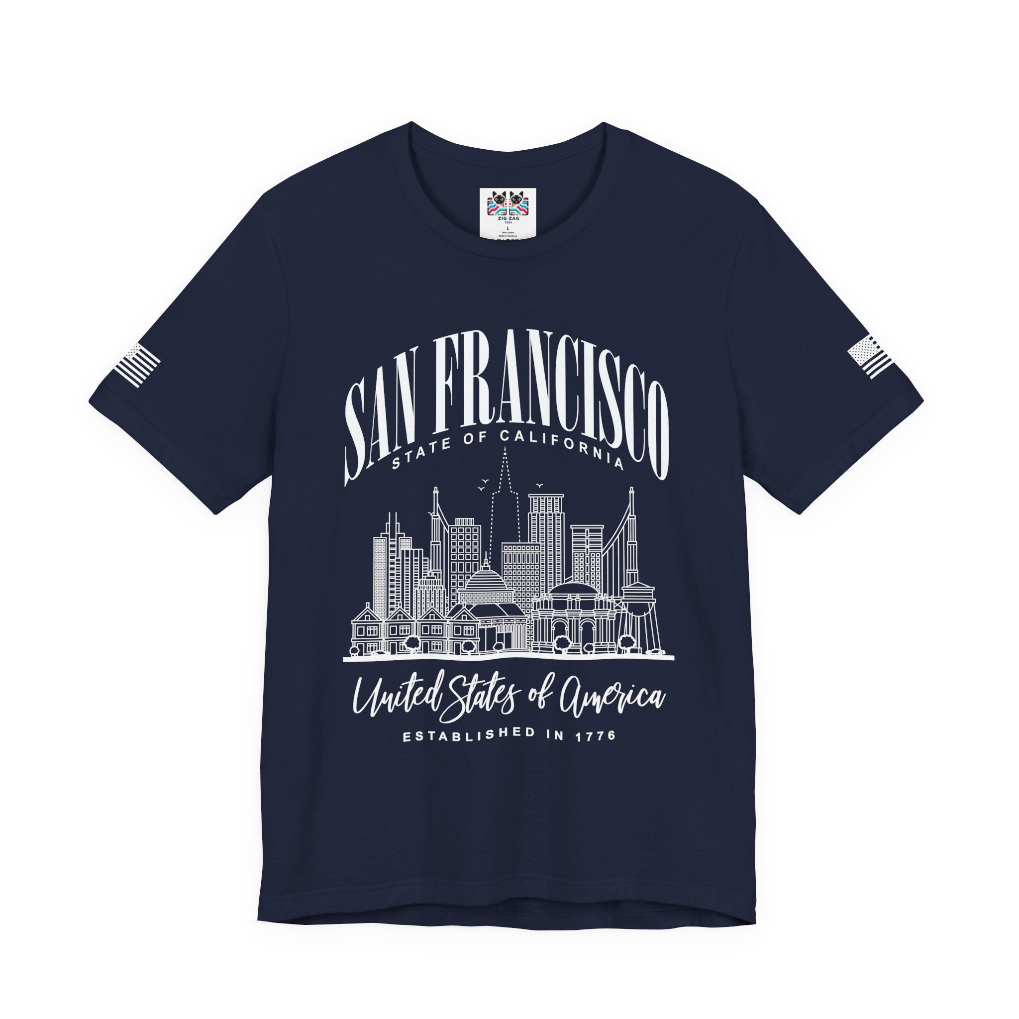 San Francisco State of California T-Shirt – Detailed Skyline Outline Established 1776 United States of America Tee
