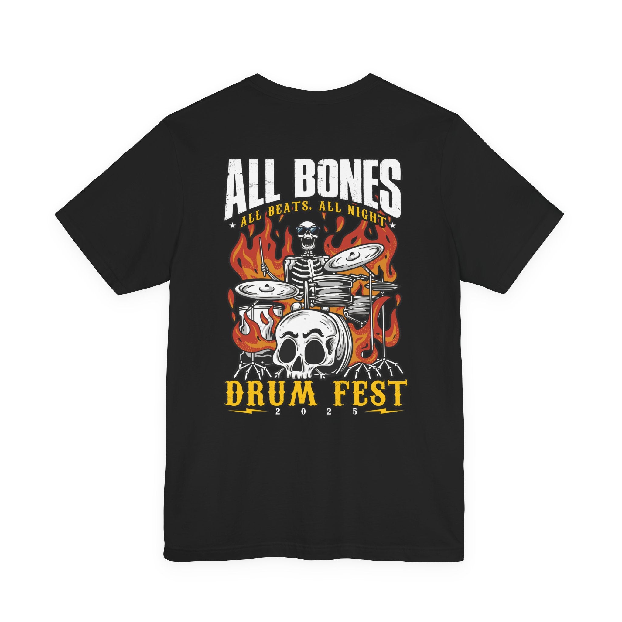 All Bones Drum Fest 2025 T-Shirt – Skeleton Drummer Fiery Rock Design