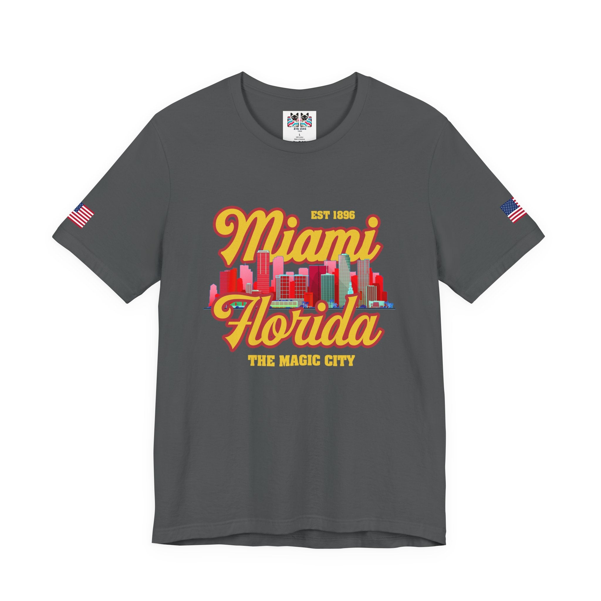 Miami Florida EST 1896 The Magic City T-Shirt – Retro Script Colorful Skyline Tee