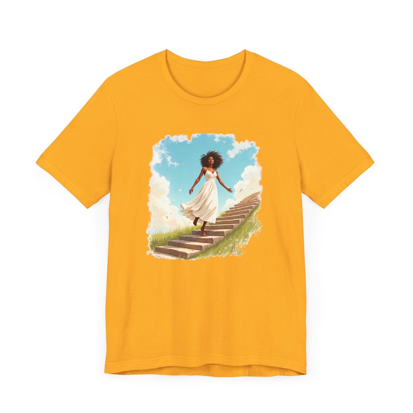 Graceful Woman in White Dress Walking on Stairs – Blue Sky & Green Ground Graphic T-Shirt