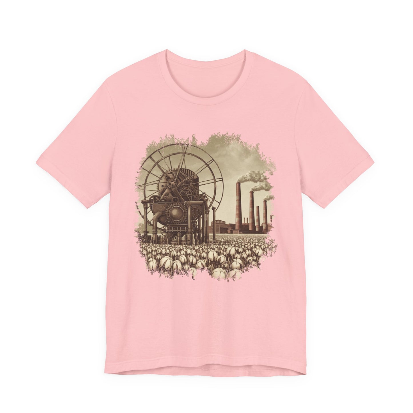 Cotton Gin Club Tshirt – Harvest-Ready Cotton Field with Historic Spinning Machine and Factory