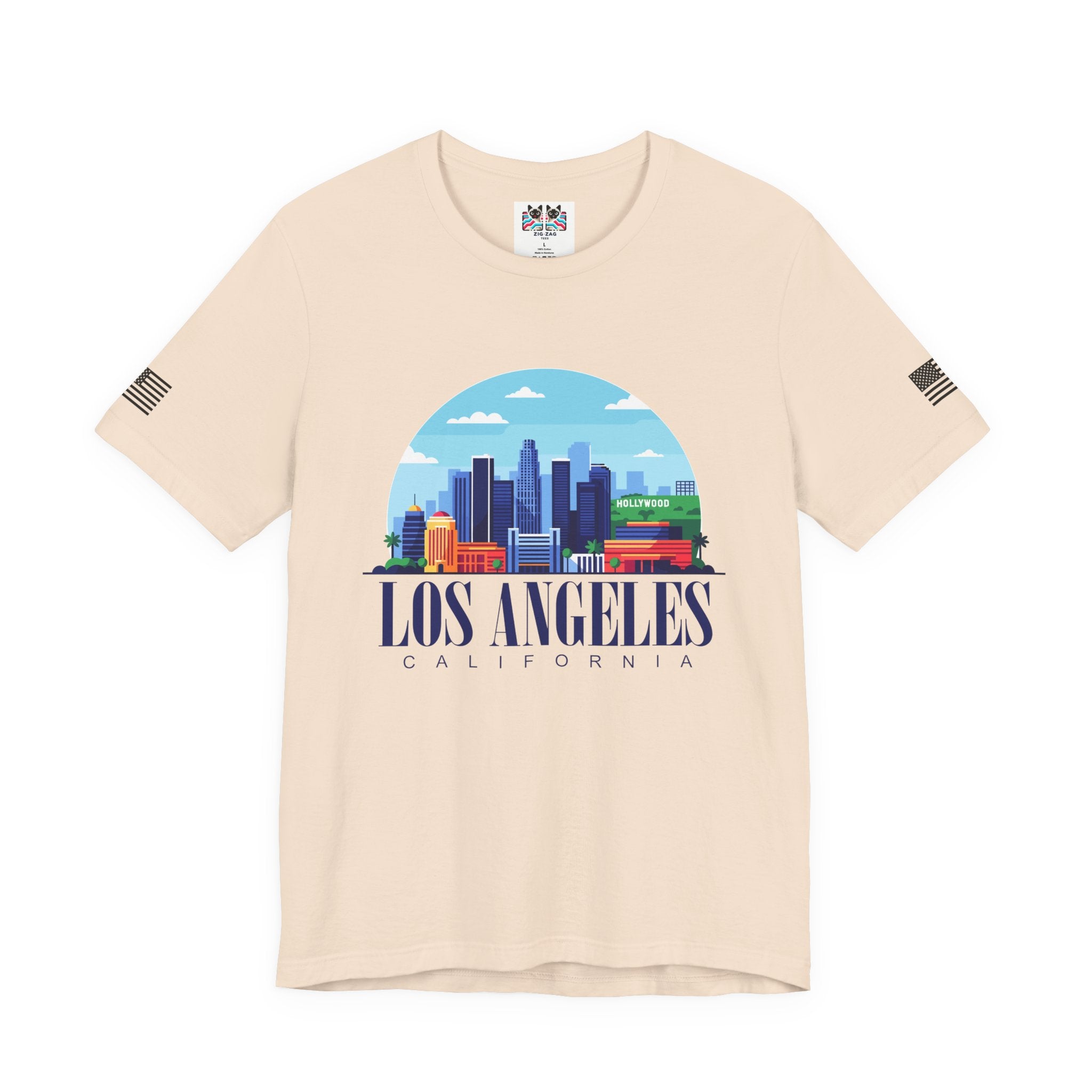 Los Angeles California T-Shirt – Hollywood Sign Colorful Illustrated Skyline Circle Tee