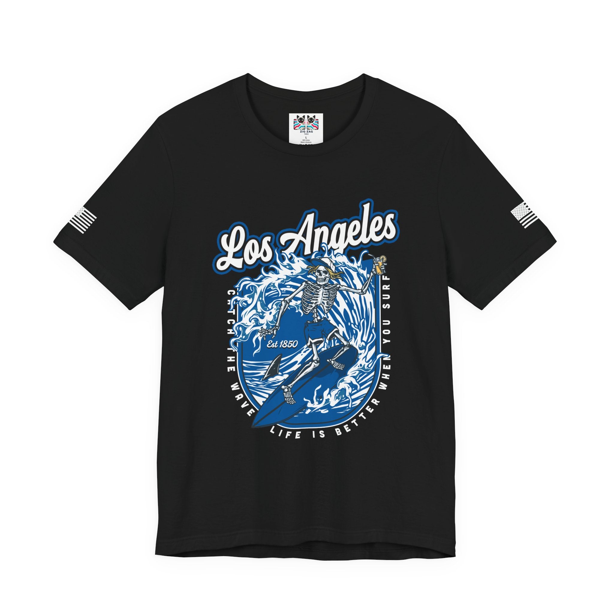 Los Angeles Skeleton Surfer T-Shirt – Life Is Better When You Surf CA EST 1850 Tee