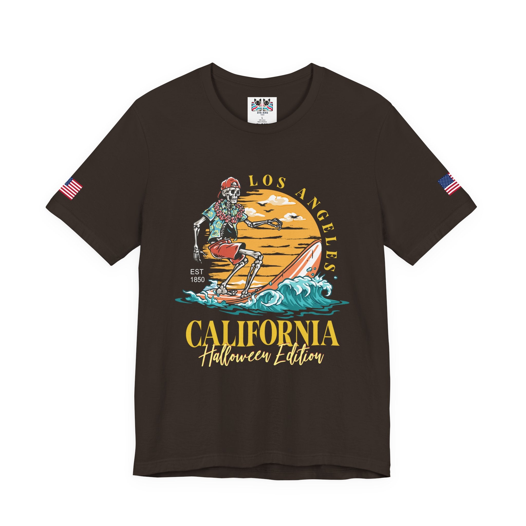 Los Angeles California Halloween Edition T-Shirt – Skeleton Surfer Beach EST 1850 Tee