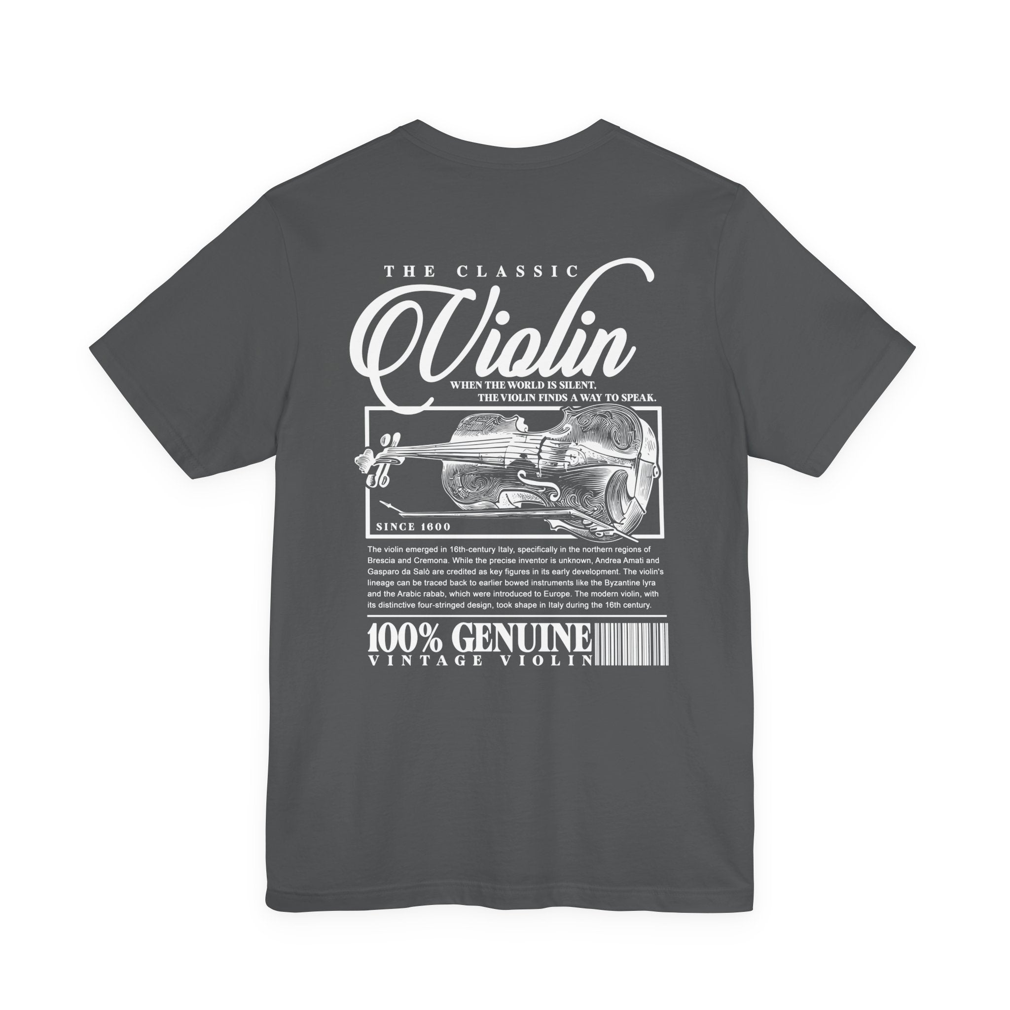 The Classic Violin T-Shirt – Vintage Instrument & 16th Century Story [White Text]