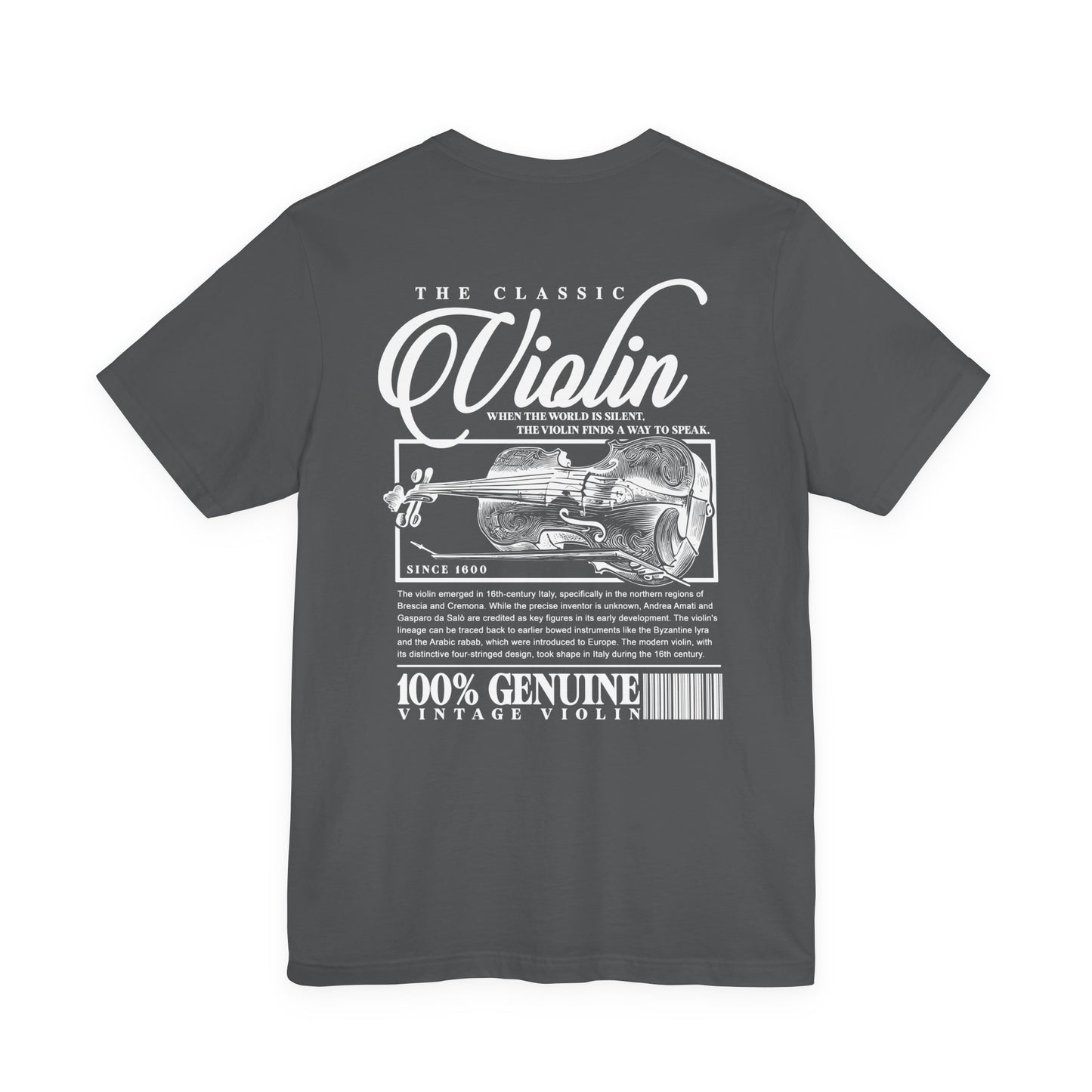 The Classic Violin T-Shirt – Vintage Instrument & 16th Century Story [White Text]
