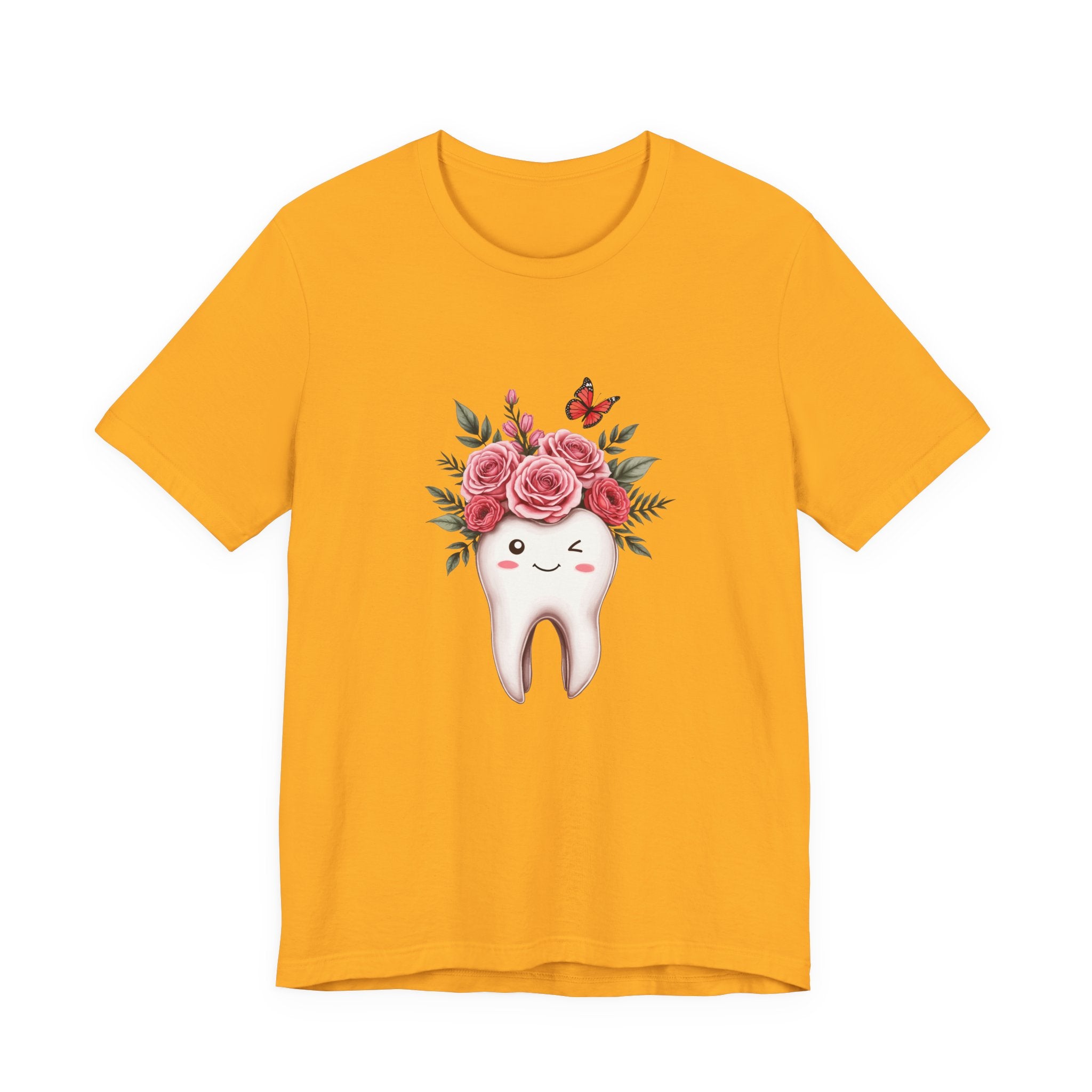 Smile T Shirt with Large Winking Tooth Surrounded by Flowers Leaves and Butterflies