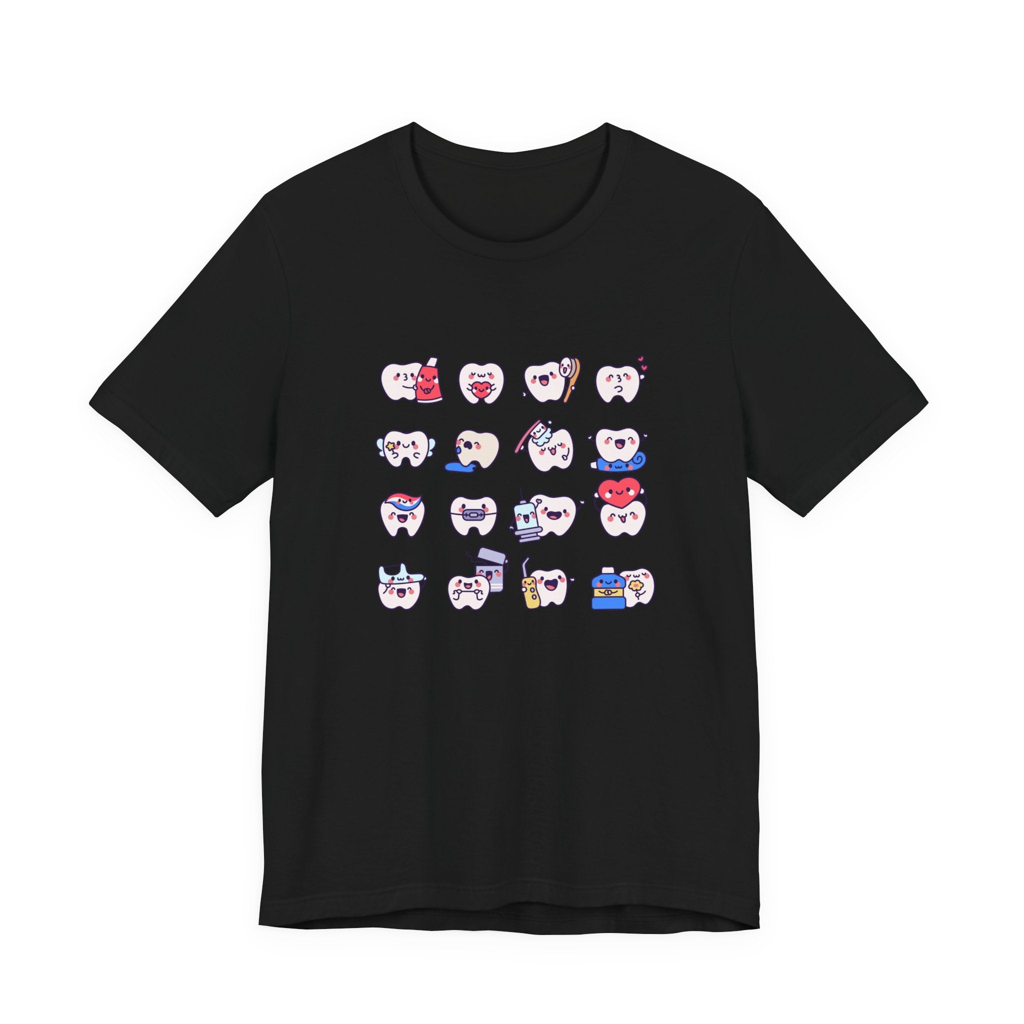 Happy Smiling Teeth T Shirt Sixteen Tooth Characters with Dental Care Items